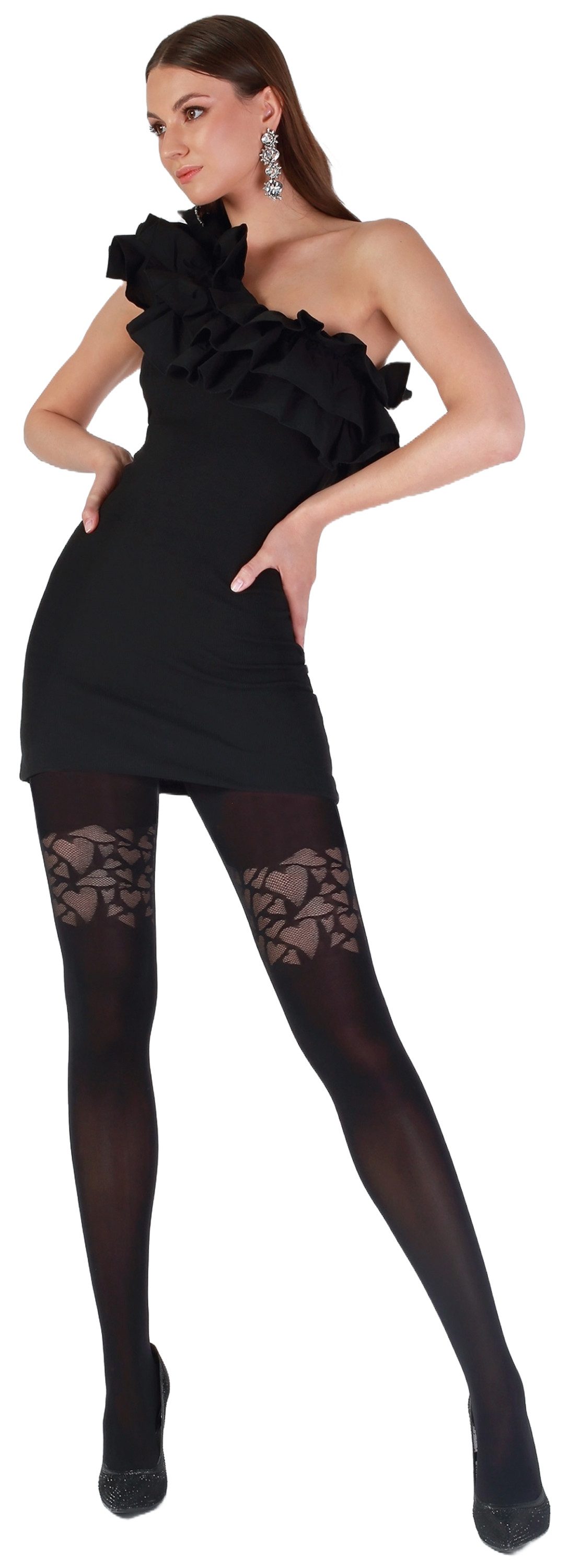 NOQ by Knittex Feinstrumpfhose Fantasy by night (Packung 1 St. 1 Paar) 50DEN mit Herzmuster am Oberschenkel