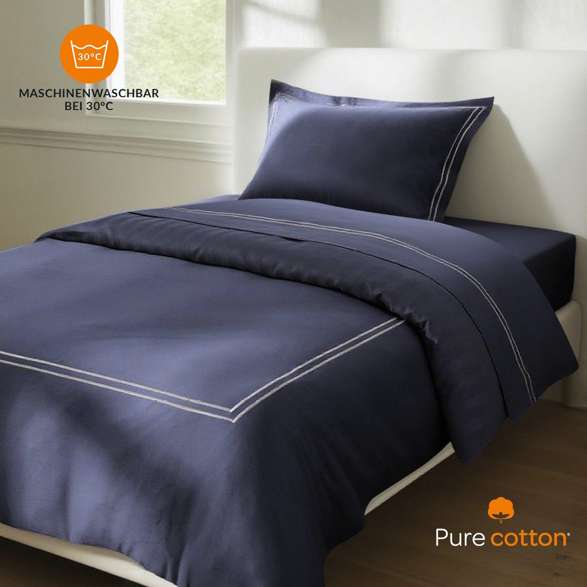 Pure cottom Bettwäsche Satin-Bettwäsche weiß/dunkelblau, 135x200 cm