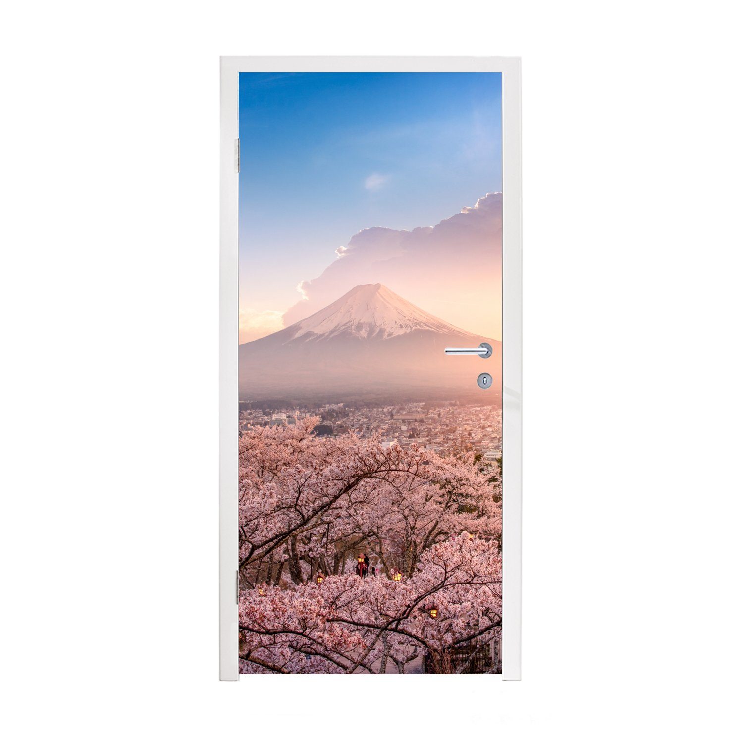 MuchoWow Türtapete Pagode - Sakura - Fuji - Blütenzweige - Japan, Matt, bedruckt, (1 St), Fototapete für Tür, Türaufkleber, 75x205 cm