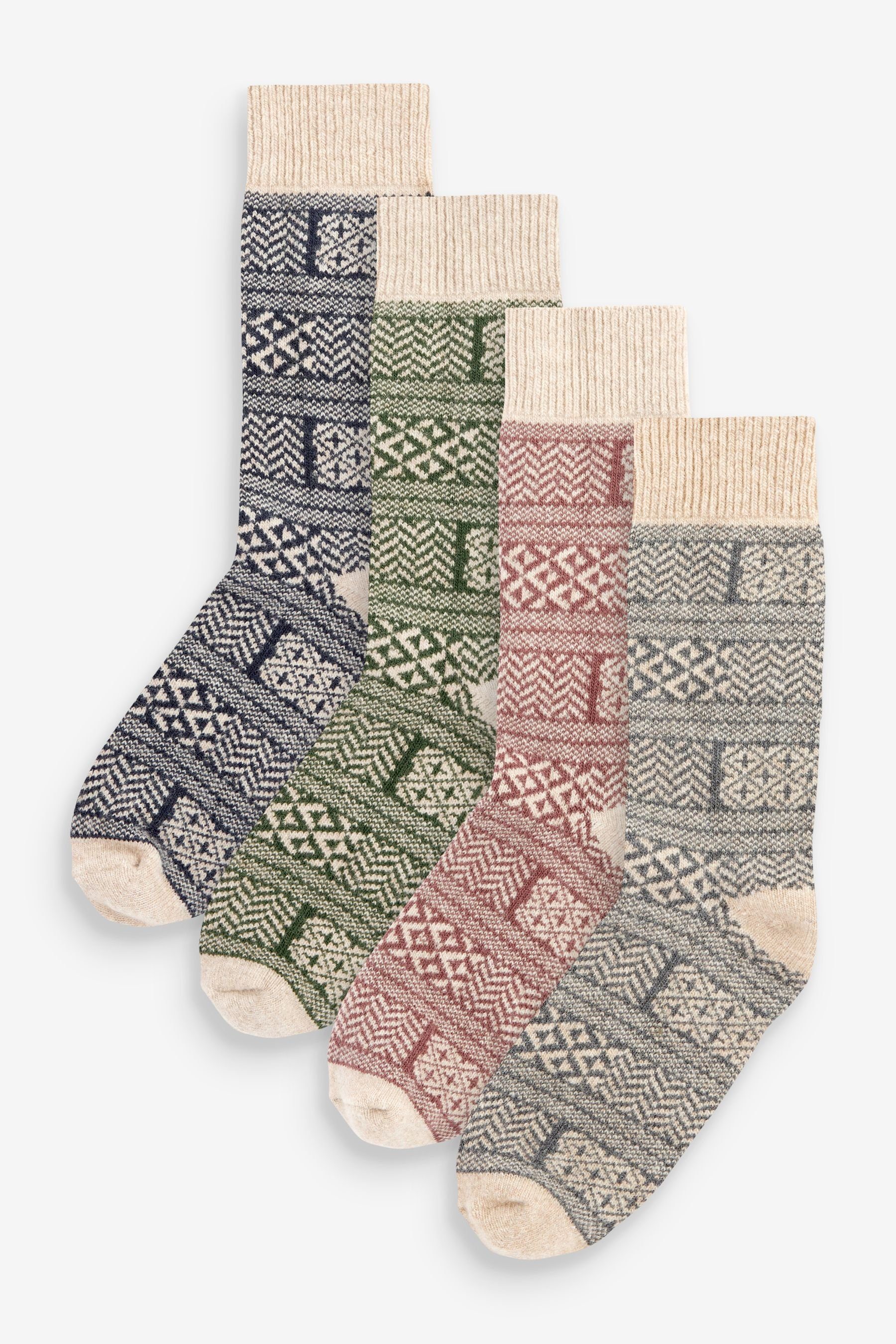 Next Kurzsocken Schwere Socken aus Wolle und Seide im 4er-Pack (1-Paar) Neutral/Navy Blue Pattern