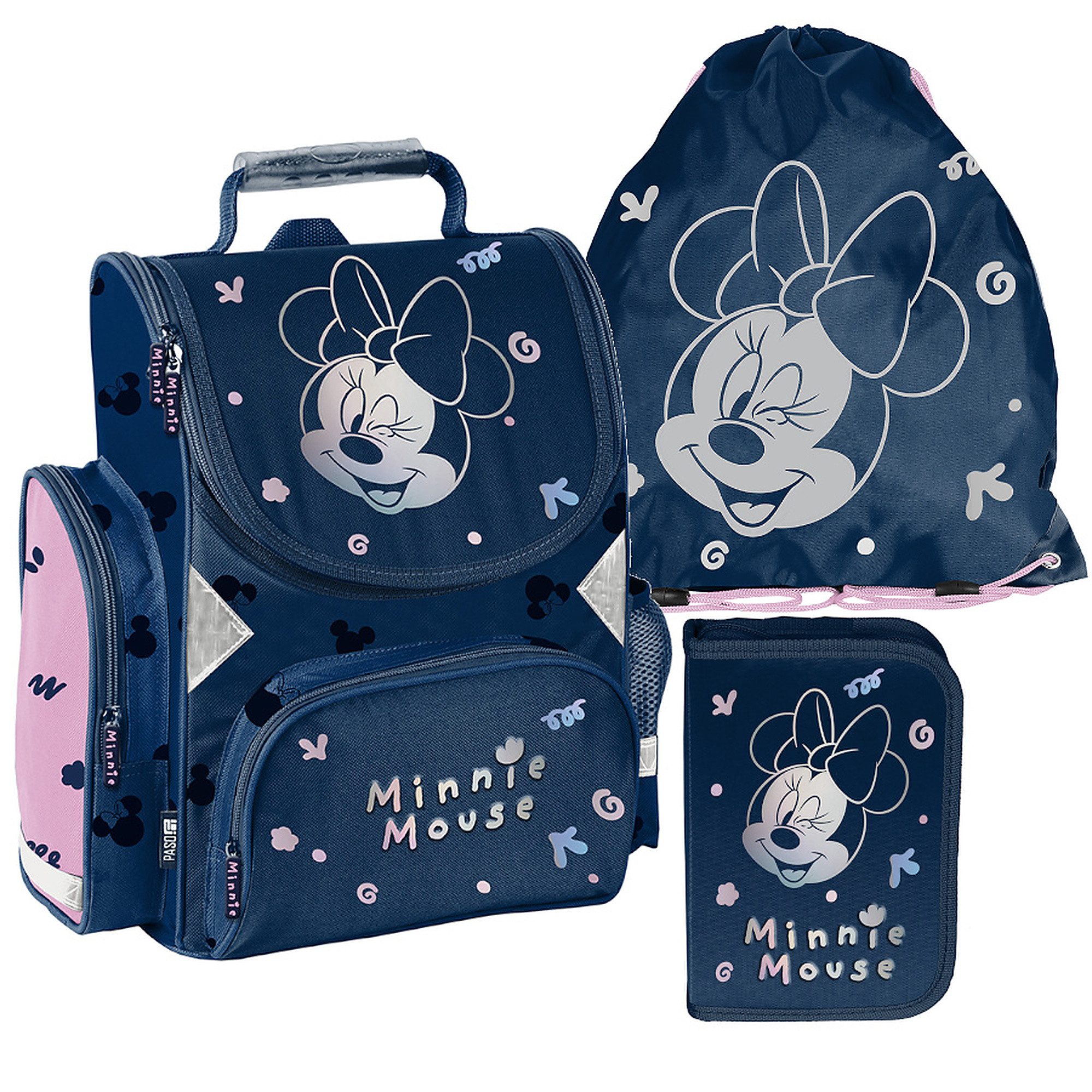 PASO Schulrucksack Mega-Set Disney Minnie Mouse (Schulset, 3-tlg), Schulranzen + Turnbeutel + Federmäppchen Mädchen, Marine