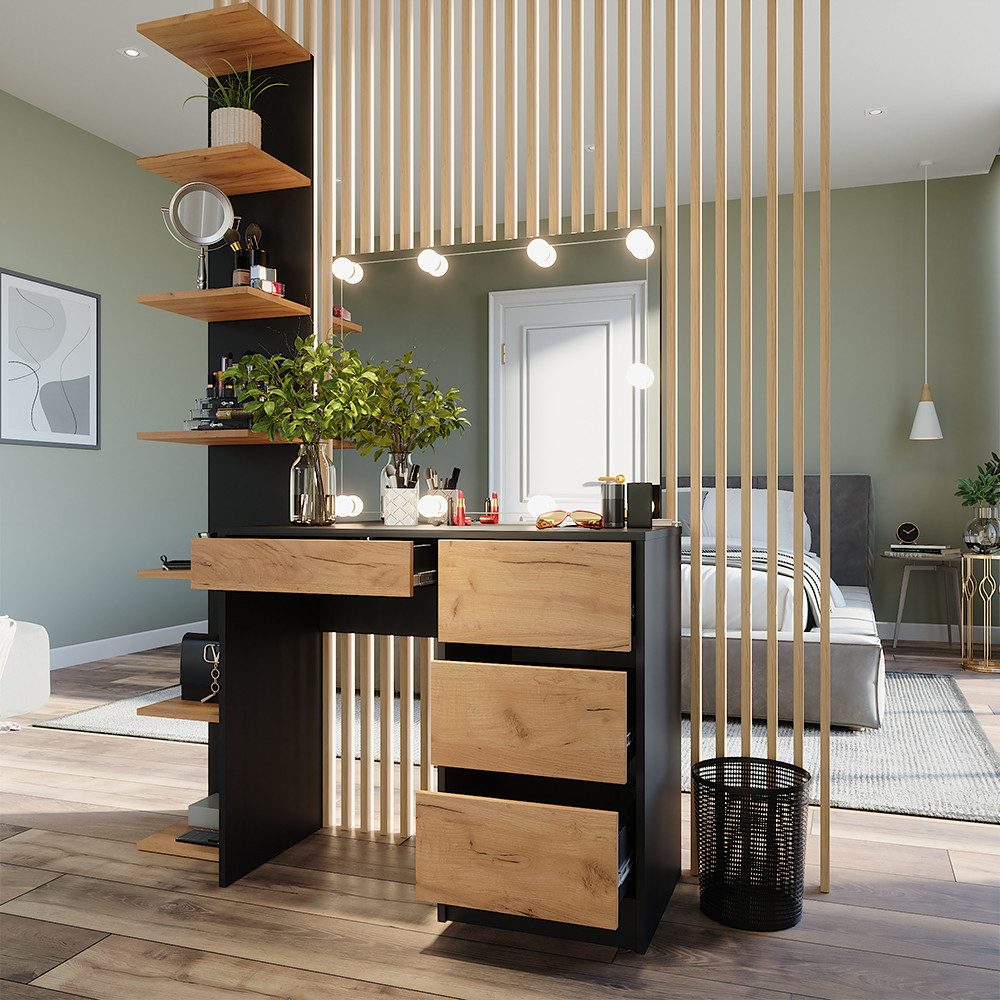 Vicco Schminktisch Sherry, Anthrazit/Goldkraft Eiche, 90 x 75 cm mit Spiegel & LED-Bel... (1-St)