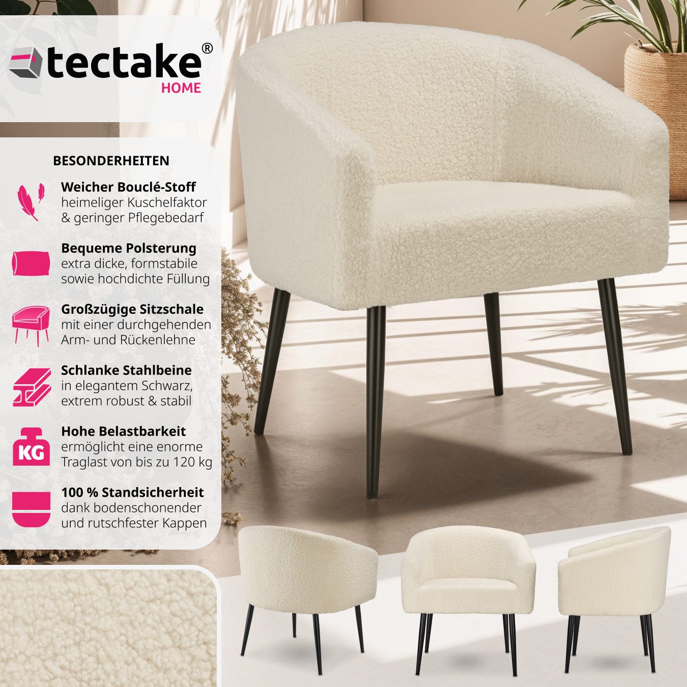 tectake Relaxsessel Sessel, gepolstert, mit Bouclé-Bezug günstig online kaufen