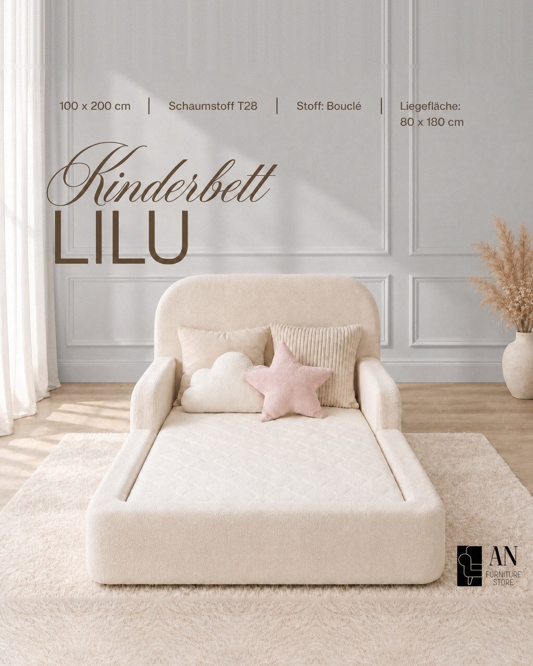 AN FURNITURE STORE Kinderbett LILU 100x200 Polsterbett Schaumstoff Matratze 80×180 Bezüge abnehmbar