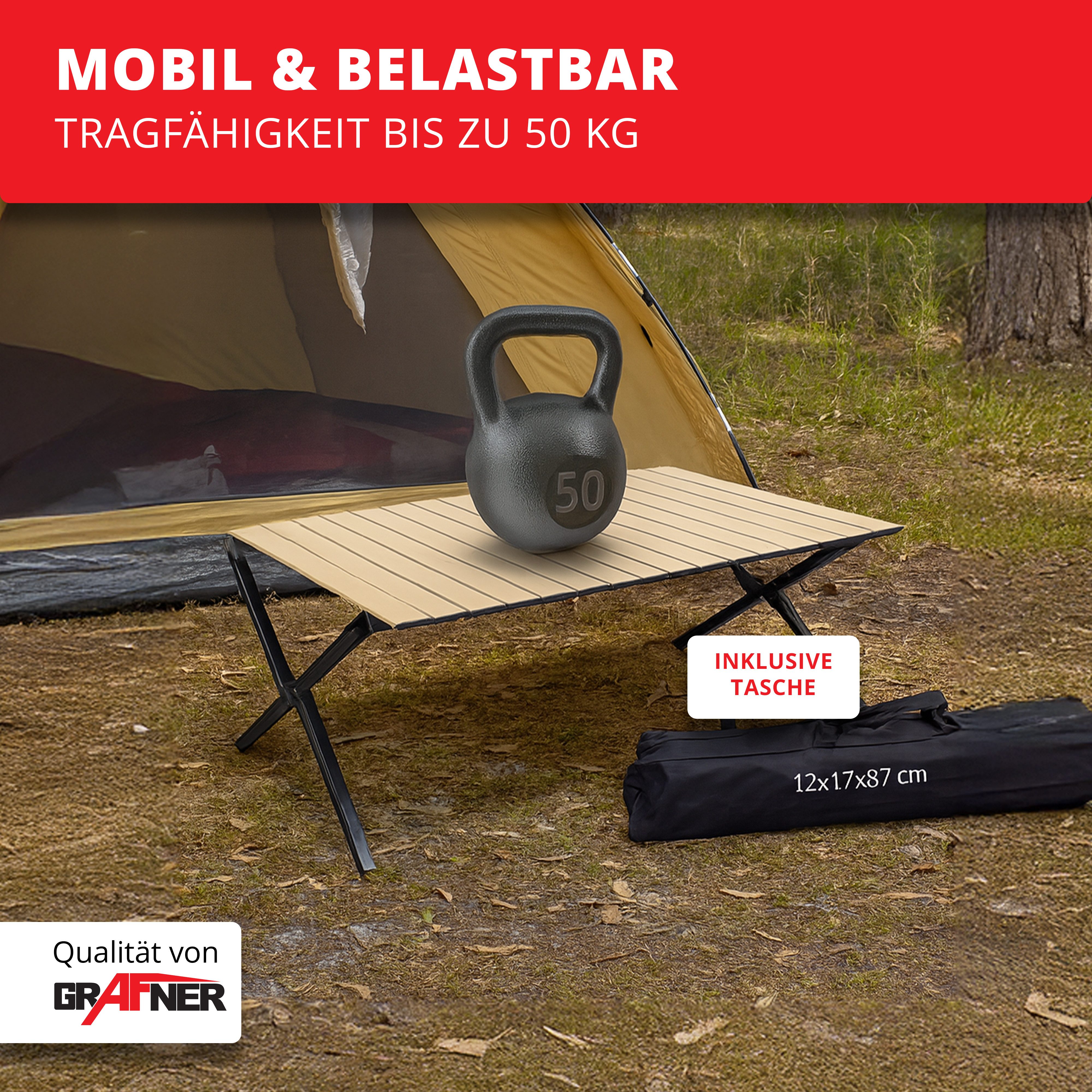 Grafner Campingtisch Campingtisch 89x58x43cm Klapptisch Holzoptik inkl. Transporttasche (2-St., Tisch und Transporttasche), 89x58x43cm, Carbon-Stahl