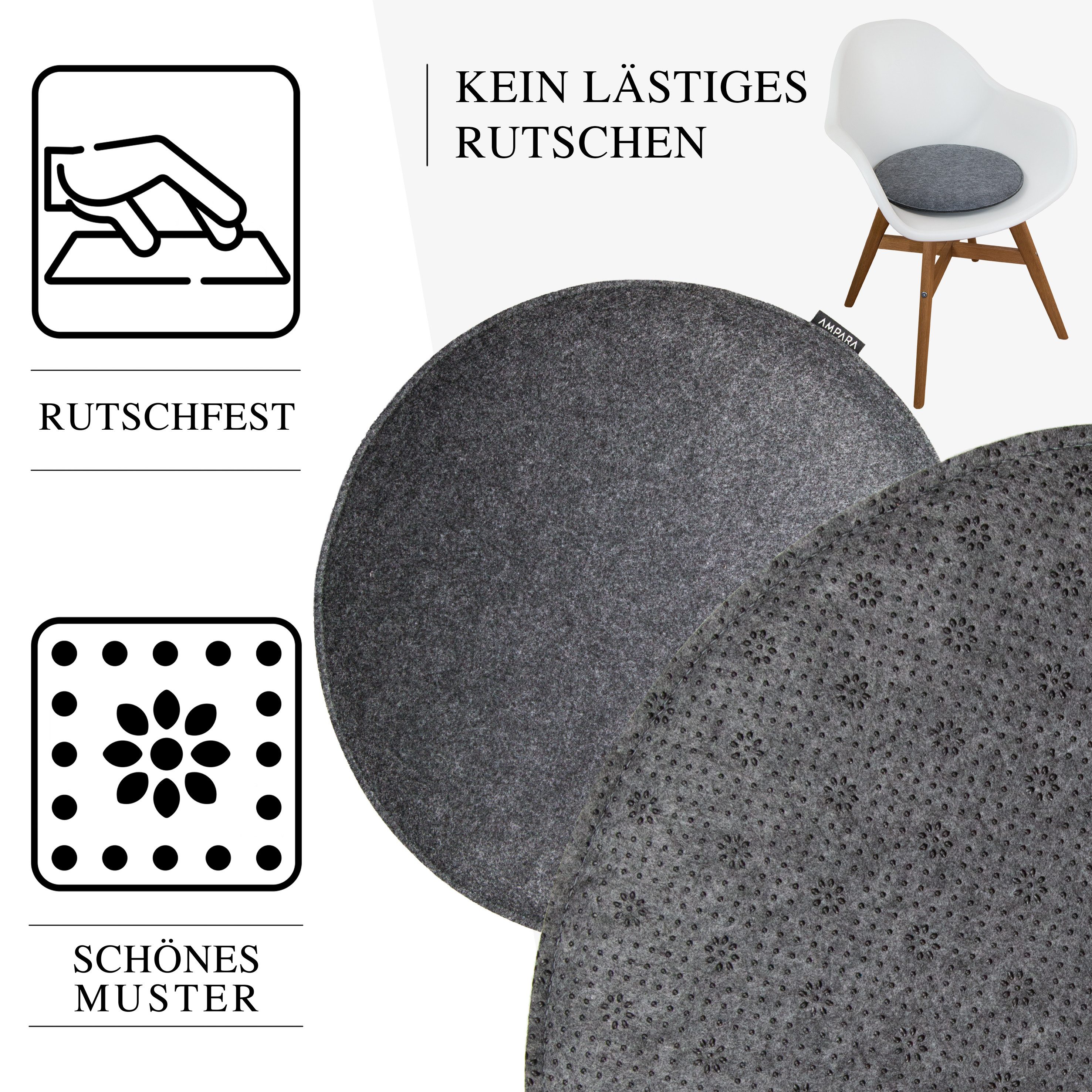 AMPARA Stuhlkissen rund 40cm - für Stuhl, Bank, Lounge etc., Rutschfest, mit Klettverschluss