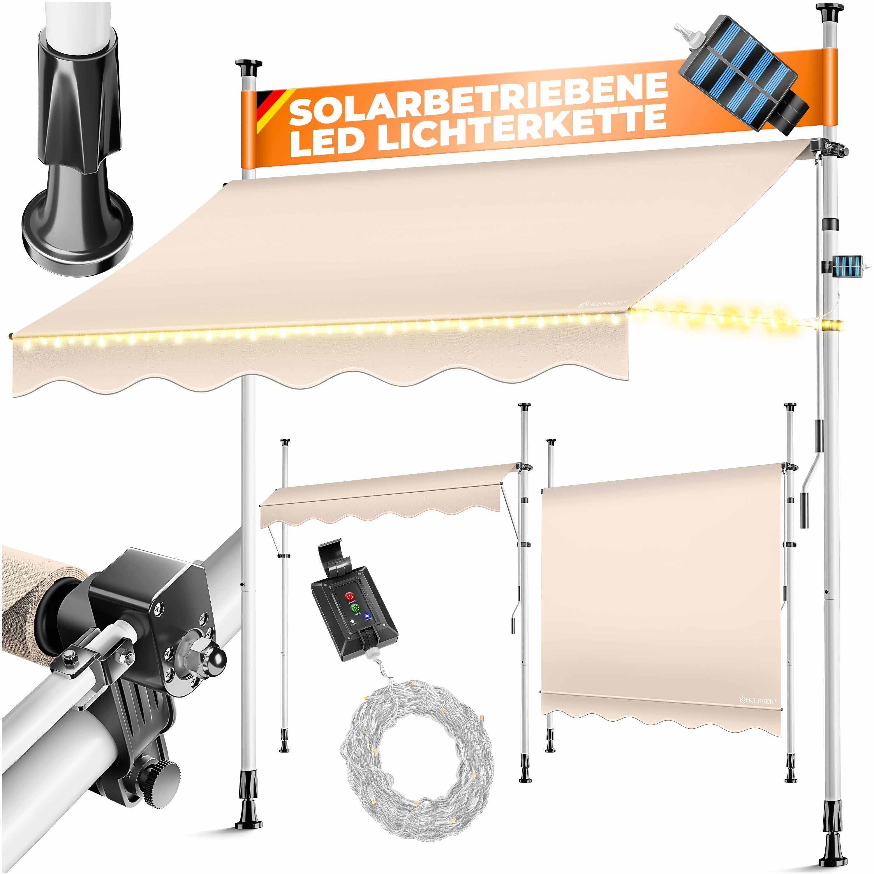 KESSER Klemmmarkise mit Handkurbel & LED, 150x180cm Balkonmarkise ohne Bohren UV-Beständig (Markise + solarbetriebene LED Lichterkette, höhenverstellbar 176-305cm) Sicht- & Sonnenschutz für Balkon Terrasse & Garten, wasserabweisend