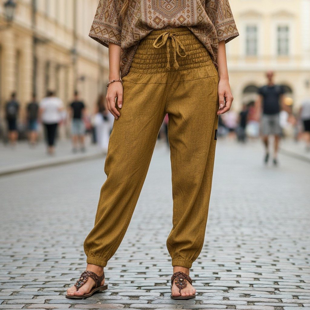 Guru-Shop Relaxhose Muckhose, Aladinhose mit breitem Bund - mustard Ethno Style, alternative Bekleidung
