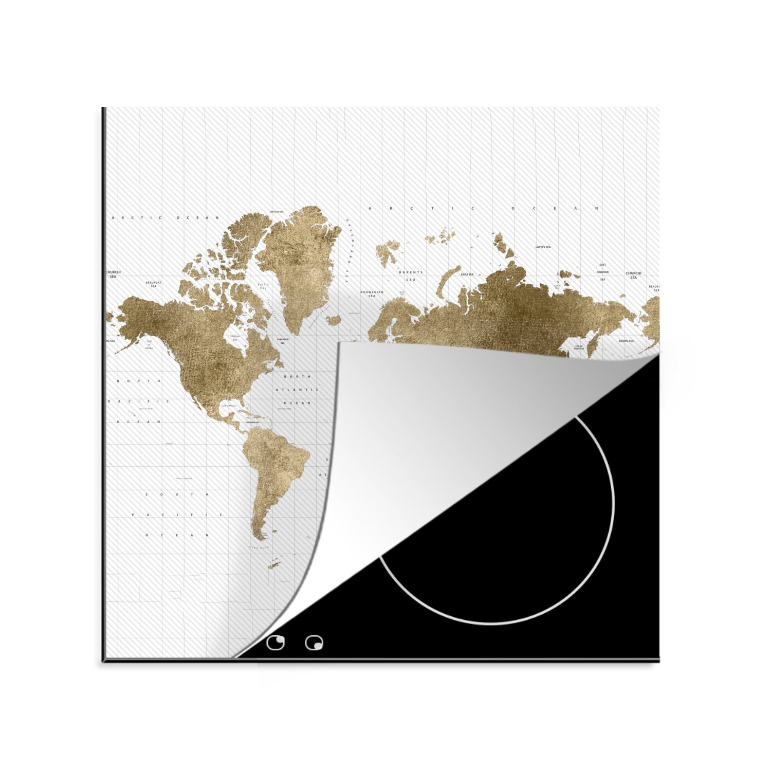 MuchoWow Herdblende-/Abdeckplatte Weltkarte - Glitter - Gold, Vinyl, (1 tlg), 78x78 cm, Ceranfeldabdeckung, Arbeitsplatte für küche