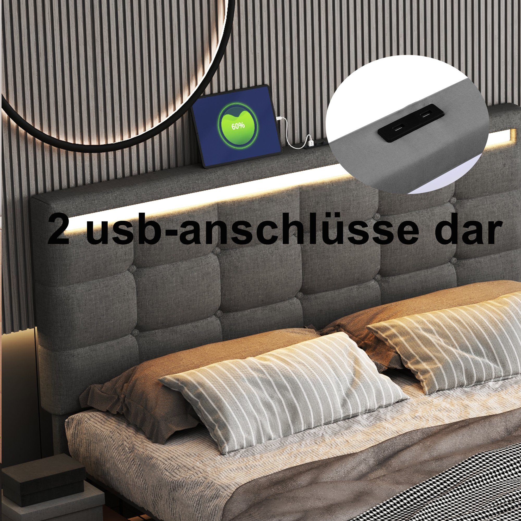 Polsterbett (Hydraulisches Bett mit Bettkasten, Lattenrost und 2 USB-Anschluss), Stauraumbett Funktionsbett 140x200 cm mit LED Beleuchtung, Leinen