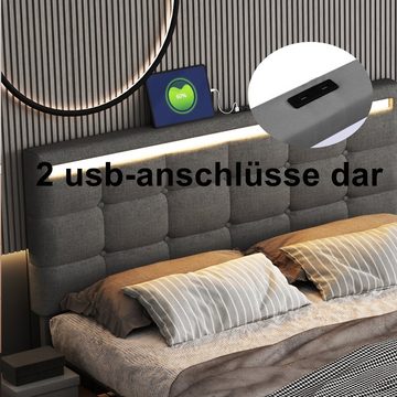 PHOEBE CAT Polsterbett (Hydraulisches Bett mit Bettkasten, Lattenrost und 2 USB-Anschluss), Stauraumbett Funktionsbett 140x200 cm mit LED Beleuchtung, Leinen