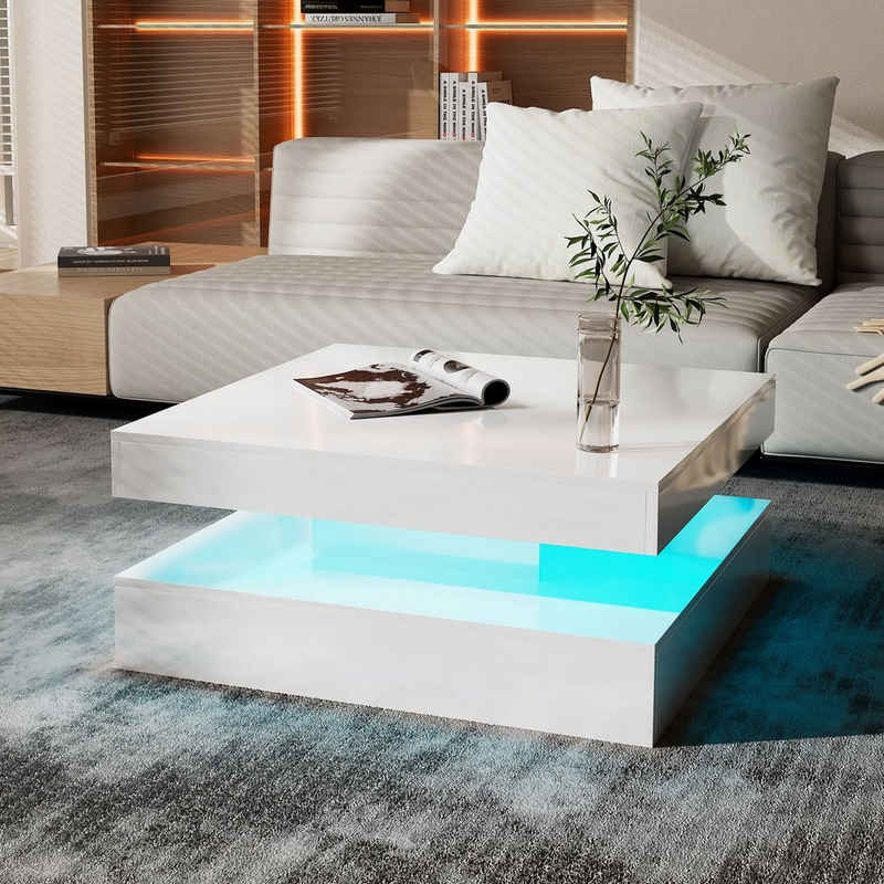 radelldar Couchtisch Wohnzimmertisch Hochglanz mit LED&Fernsteuerung modern 78x78x35cm,USB