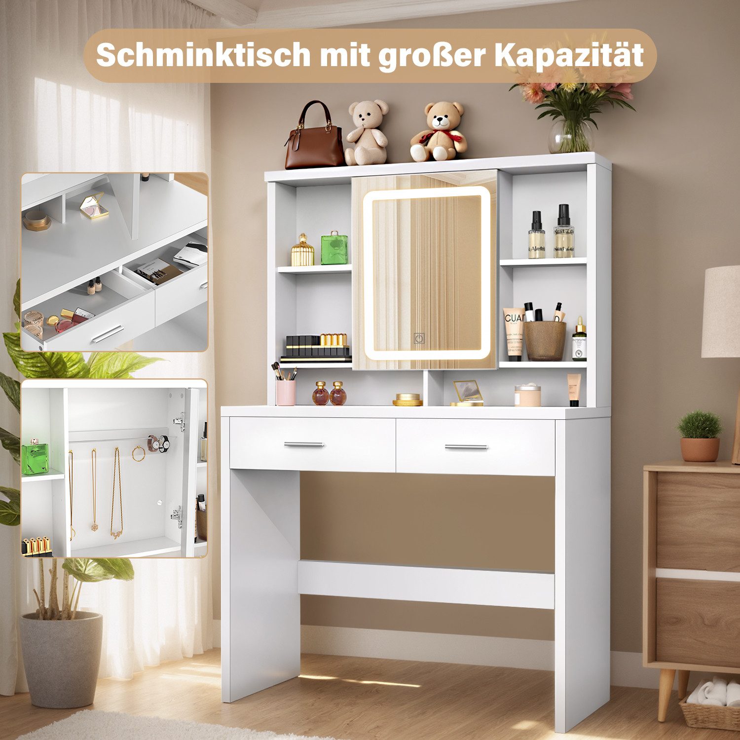 Schminktisch Kosmetiktisch mit LED-Beleuchtung Spiegel, 3 Farben mit 2 Schubladen