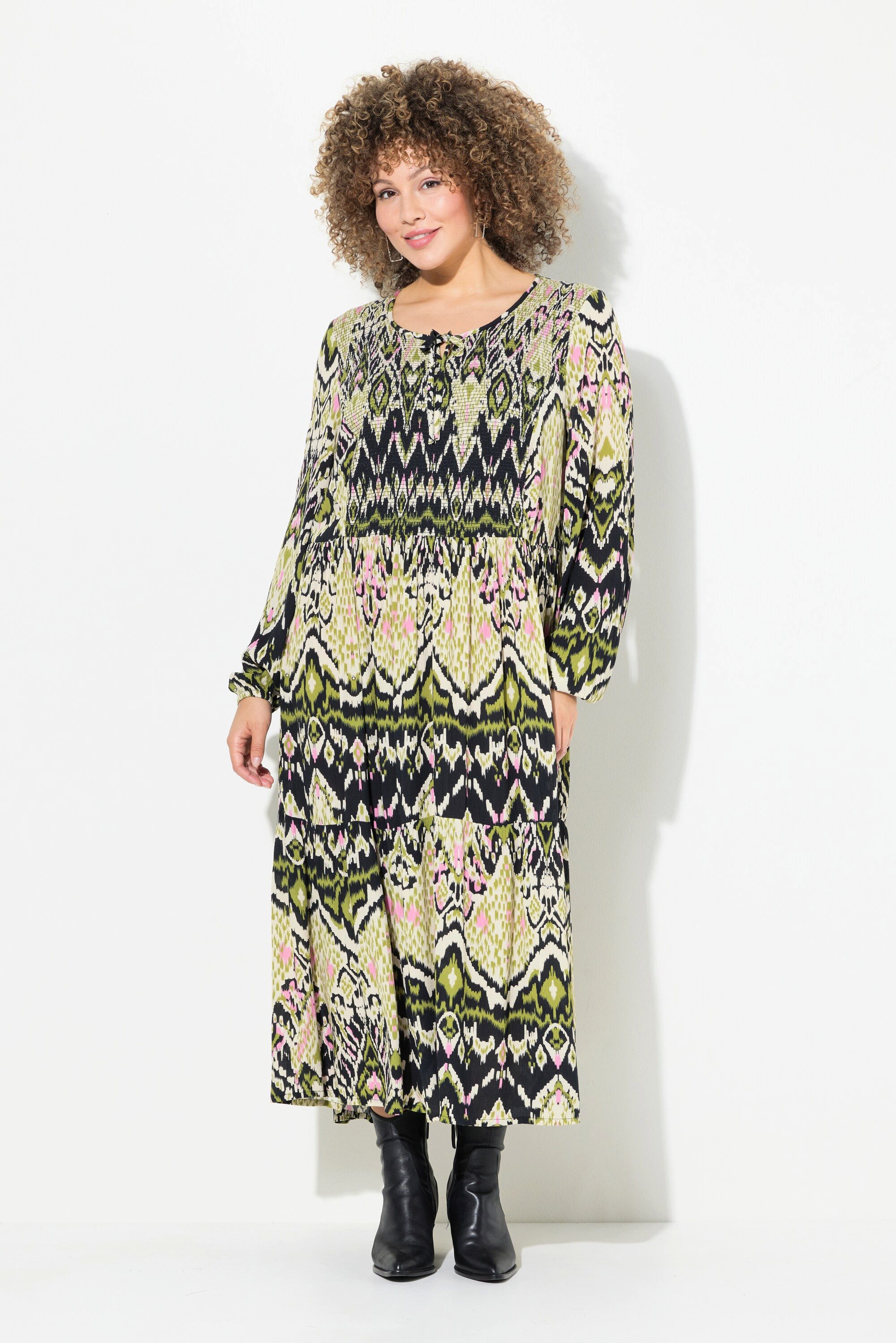 Midikleid Midikleid gesmokt A-Linie Rundhals Langarm