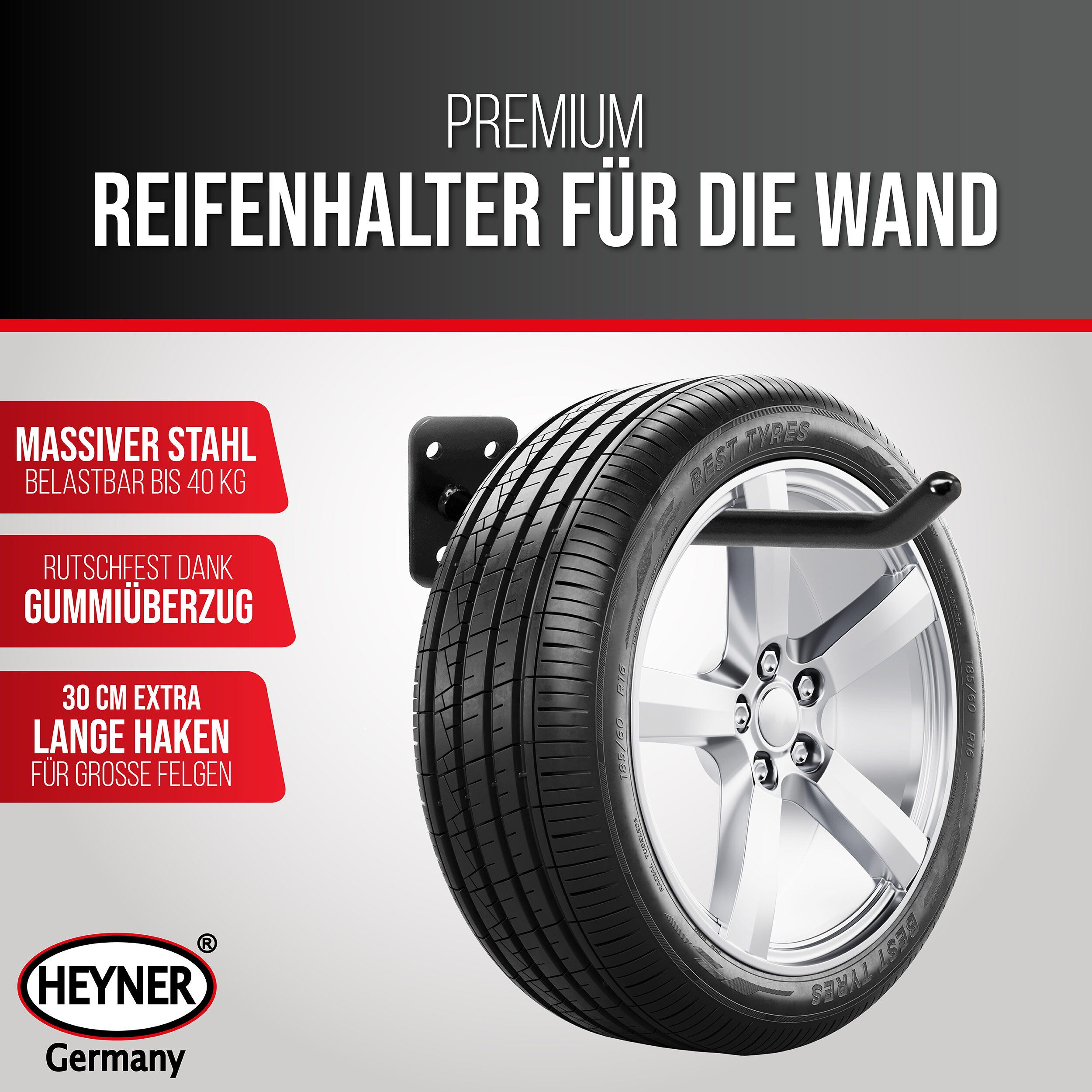 HEYNER Reifen-Wandhalterung Reifenhalter für die Wand - stabile Wandhalterung Felgen und Räder, (4-tlg)