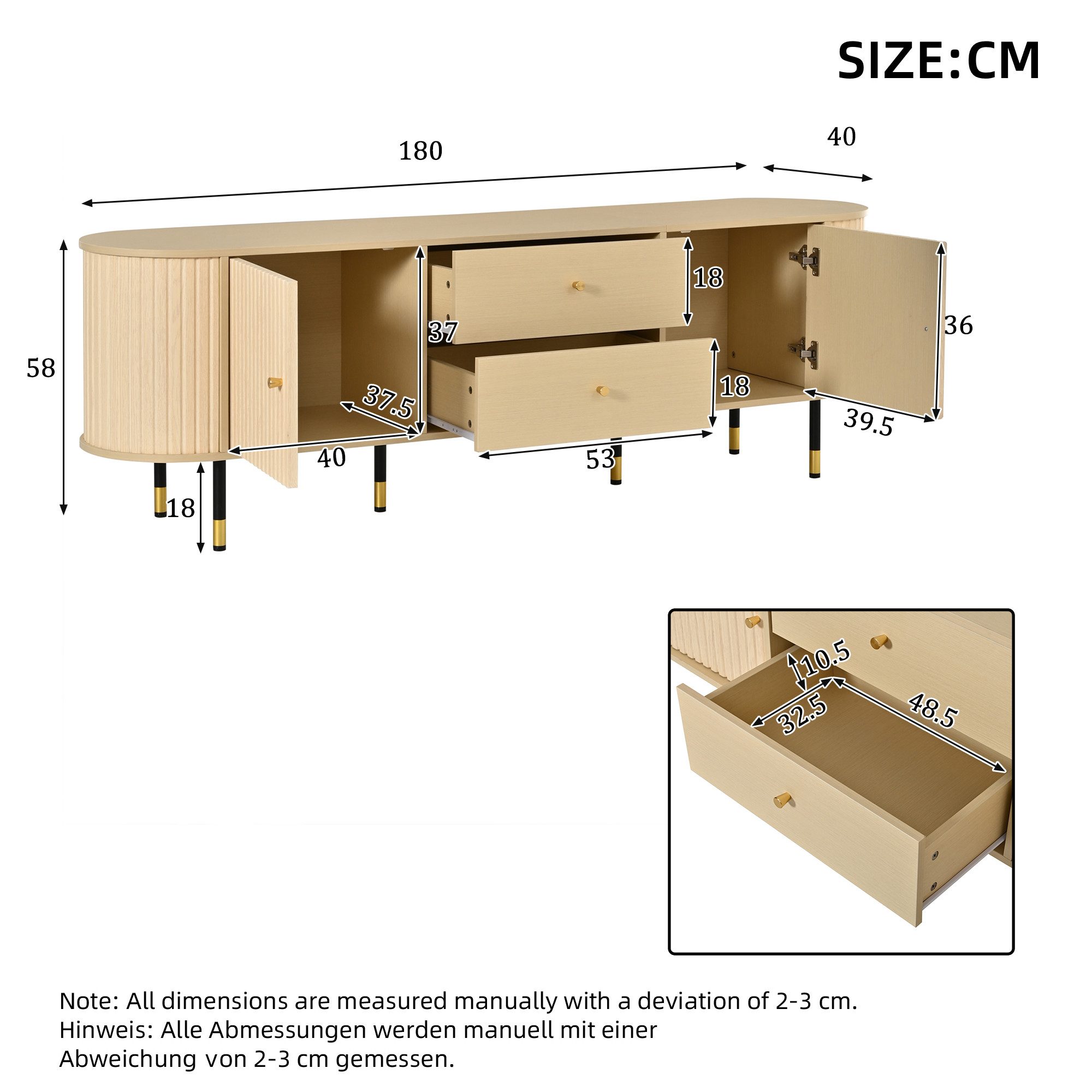 HAUSS SPOLE TV-Schrank mit Schiebetüren & Schubladen,Lowboard 180x40x58cm Holzoptik,Natur (Wohnzimmer-Medienkonsole Fernsehschrank mit abgerundetem Design und Holzmaserung) Fernsehbank TV-Ständer mit 2 Schubladen und 6 Standbeinen