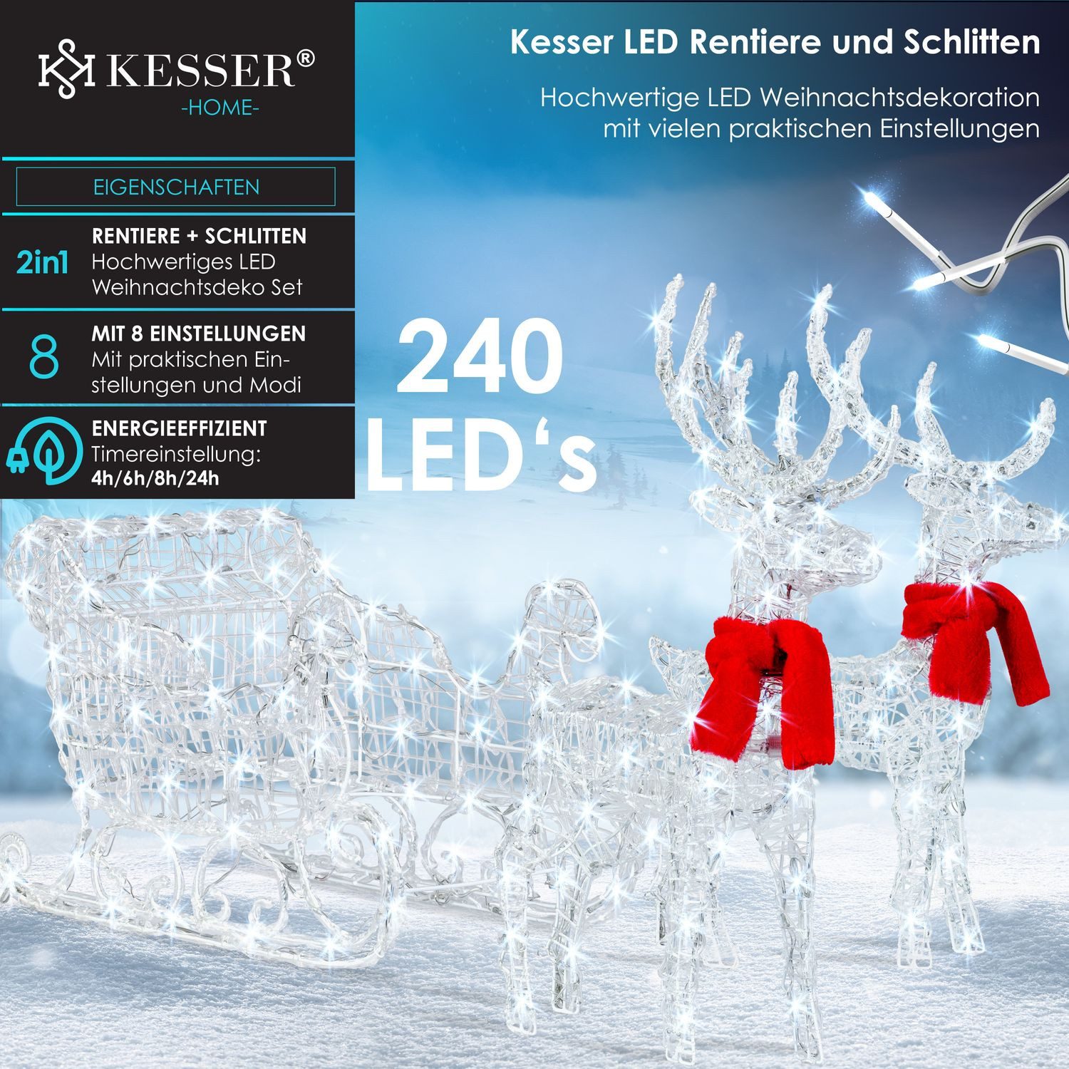 KESSER Weihnachtsfigur, 240er LED Rentiere Schlitten weiß Timer Weihnachtsb günstig online kaufen