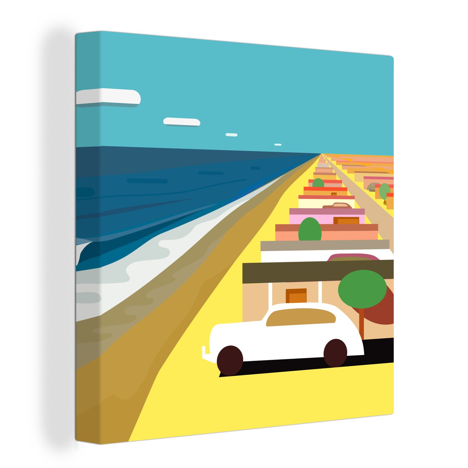 OneMillionCanvasses® Leinwandbild Illustration eines amerikanischen Autos in der Nähe von Strandhäusern, (1 St), Leinwand Bilder für Wohnzimmer Schlafzimmer