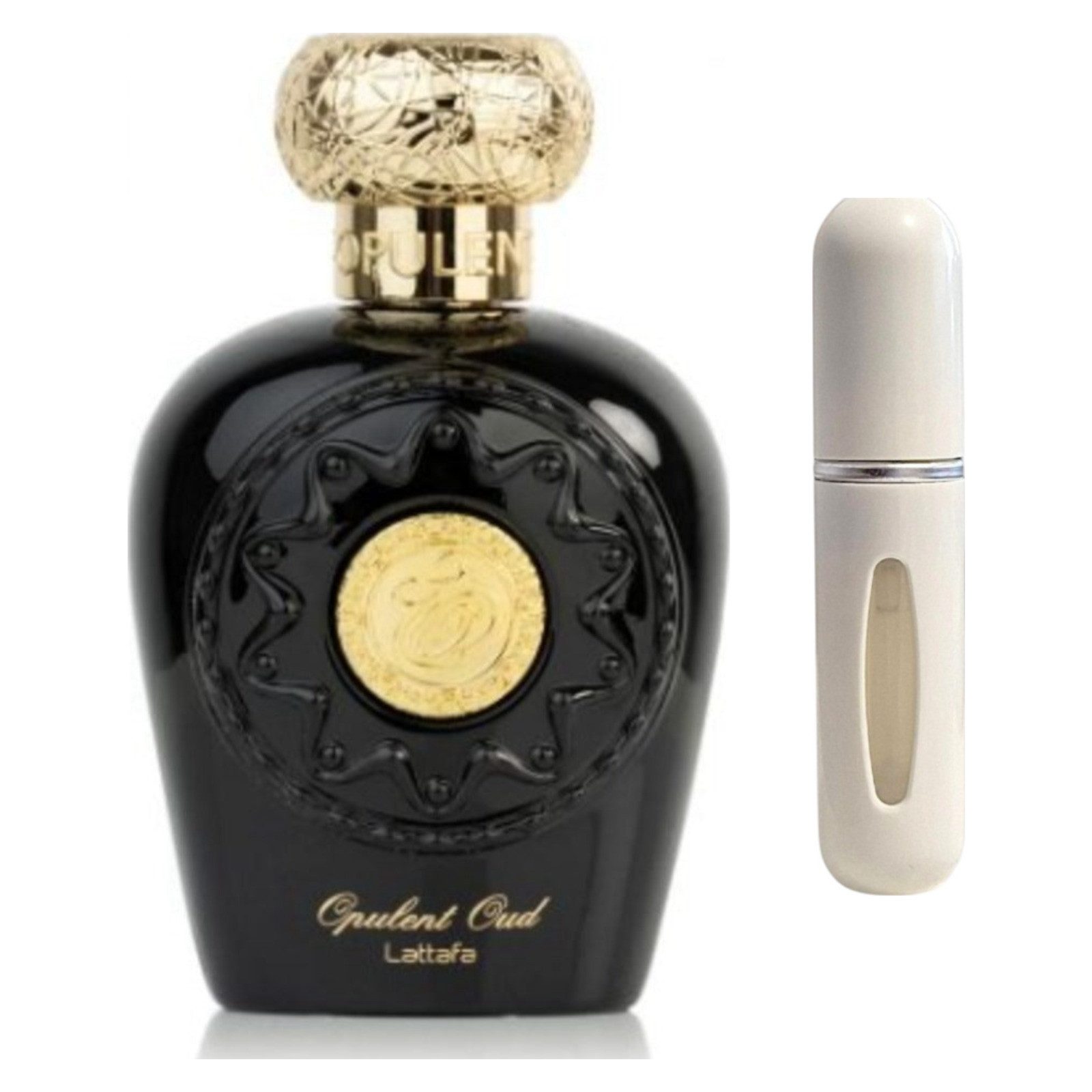 Lattafa Duft-Set Opulent Oud EDP – Holzig Gourmand + Parfümzerstäuber (leer)