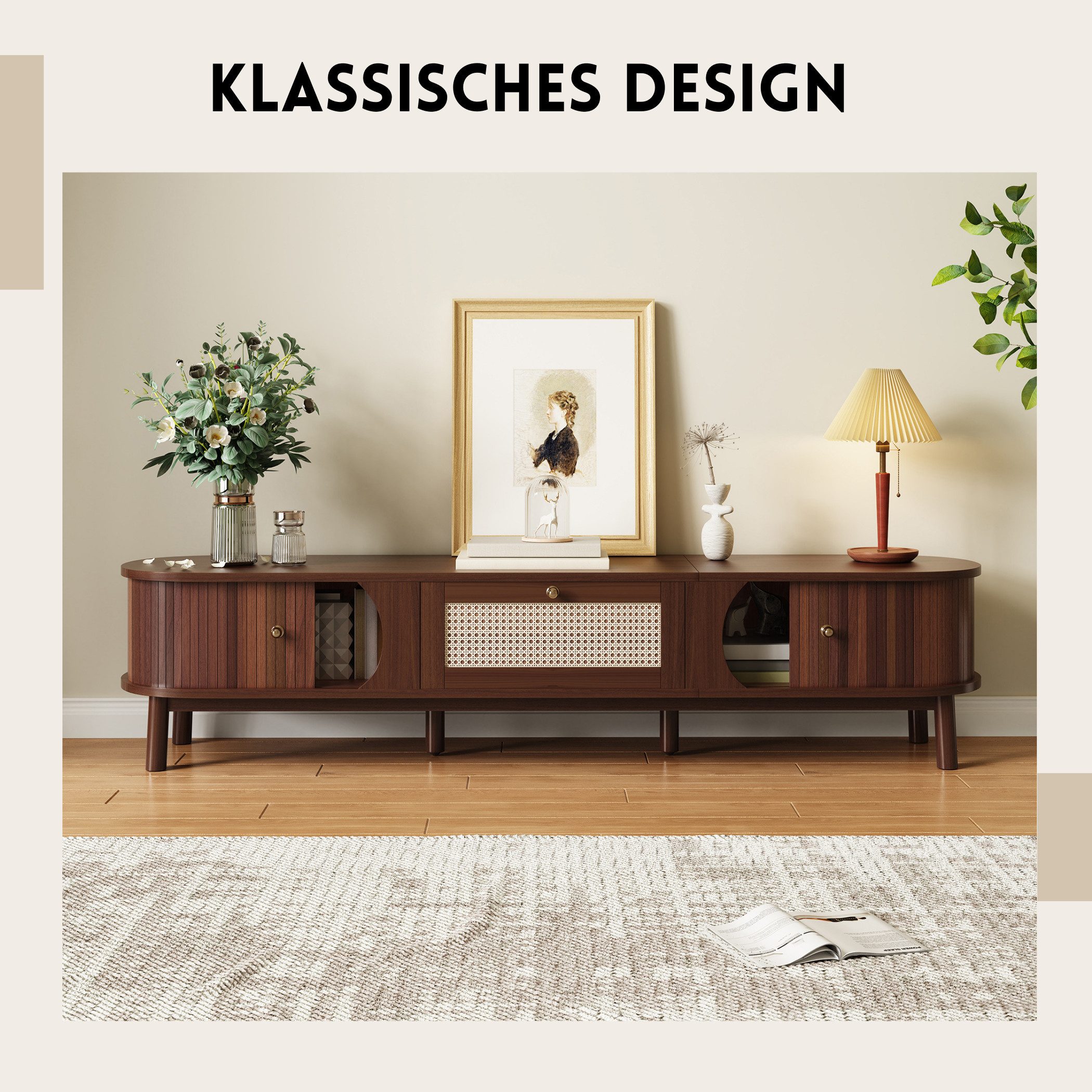SeedWave Lowboard Retro Walnussholzfarbener TV Schrank mit 2 Schiebetüren, 1 Schublade, Geschmückte Rattanoberfläche, 2 Kabelslöcher auf der Rückseite