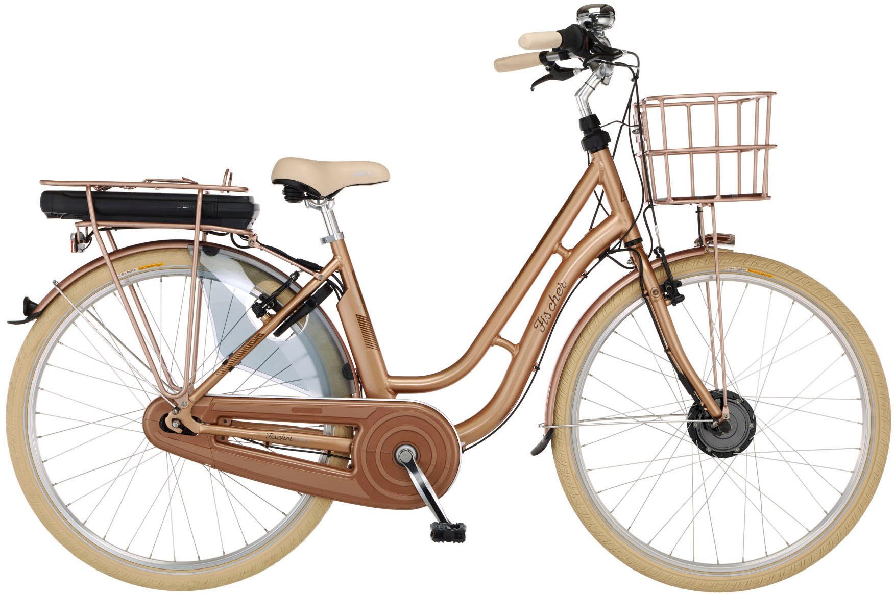 FISCHER Fahrrad E-Bike CITA RETRO 2.2 522, 7 Gang Shimano Nexus Schaltwerk,  Nabenschaltung, Frontmotor 250 W, (mit Akku-Ladegerät, mit Beleuchtungsset,  mit Fahrradschloss)