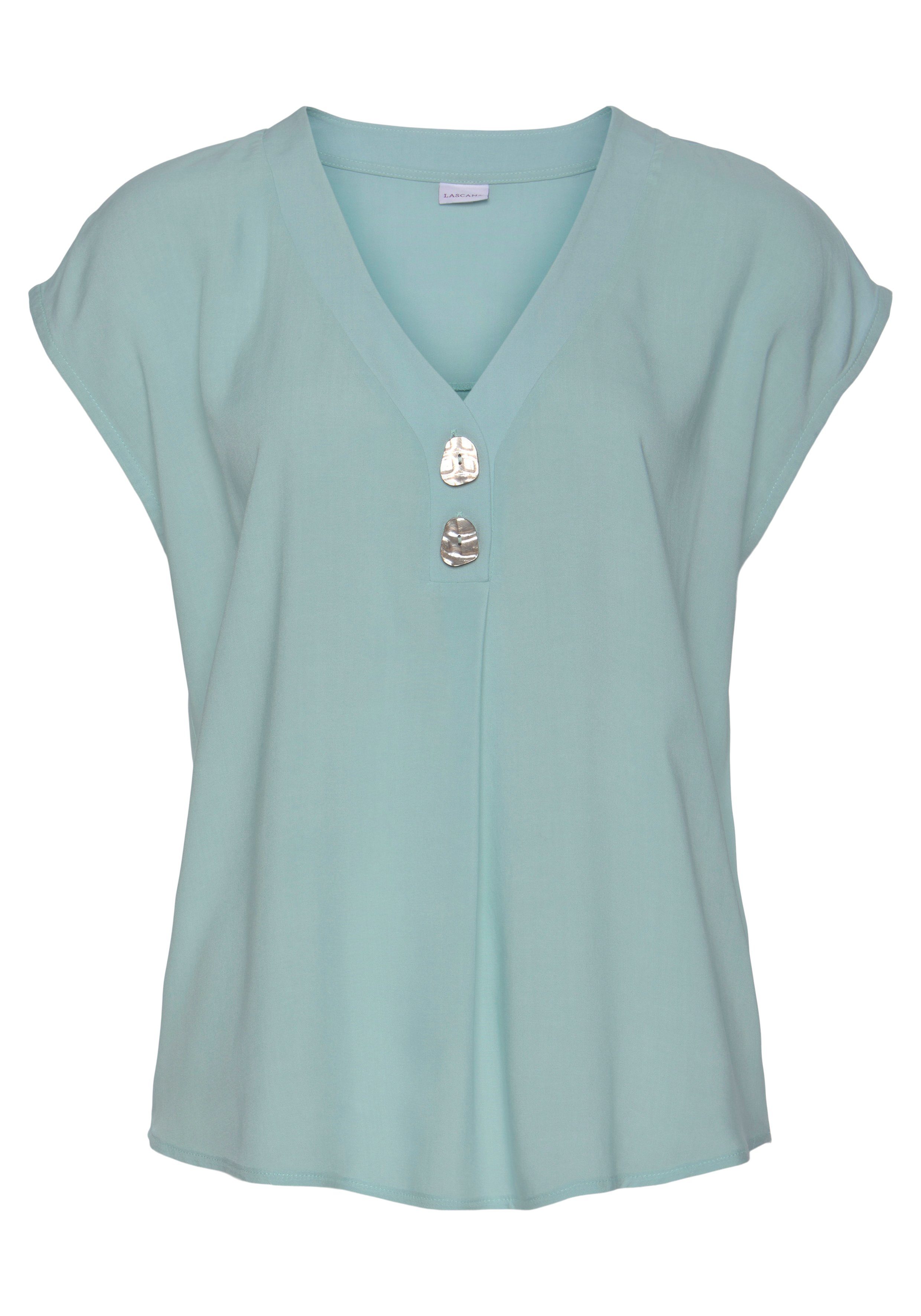 LASCANA Schlupfbluse mit tiefem V-Ausschnitt und modischen Knöpfen luftige Kurzarmbluse, lässiges Blusenshirt, Basic – Bild 2 von 5