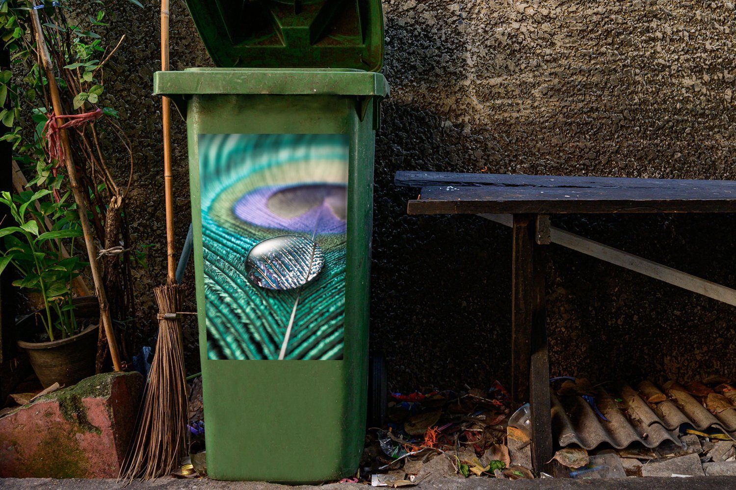 MuchoWow Wandsticker Struktur einer Pfauenfeder Container, Sticker, mit Mülleimer-aufkleber, Mülltonne, einem St), Abfalbehälter (1 Wassertropfen