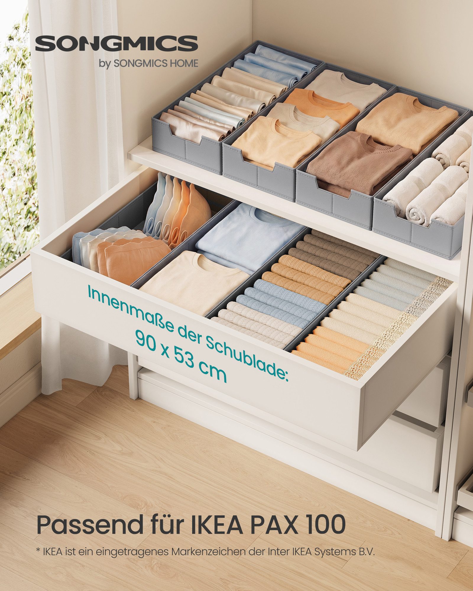 SONGMICS Aufbewahrungsbox Schubladen-Organizer, faltbar, Schrank-Organizer, 50 x 22 x 10 cm, für Unterwäsche und Socken, Schrank-Organizer – Bild 4 von 5