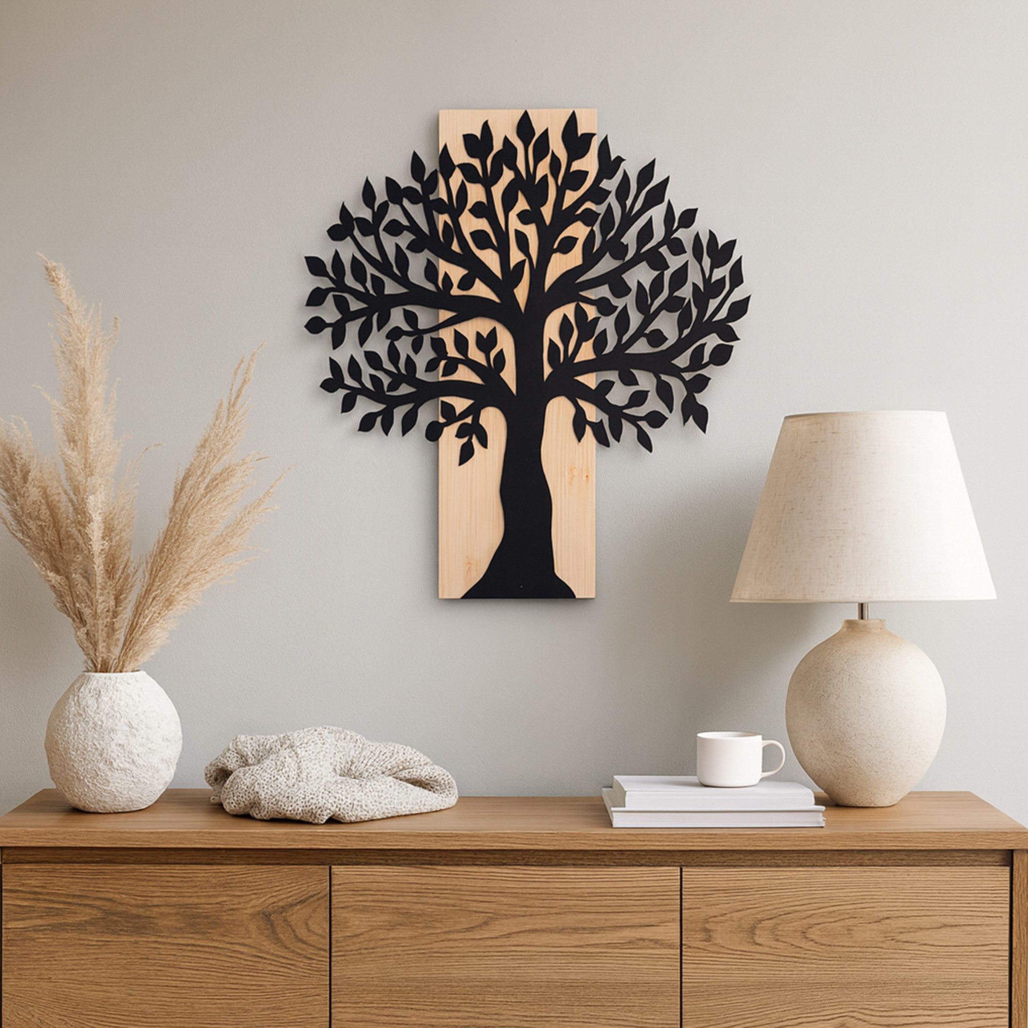 UNUS HOME Dekohänger Aufhänger Metallbaum Schwarz Bambusbrett groß (Wanddek günstig online kaufen