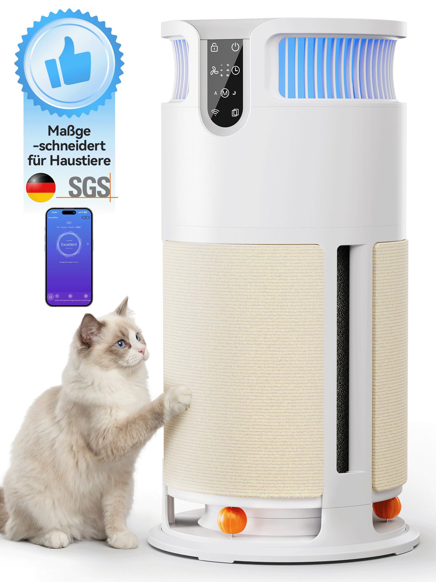 HOMALL Luftreiniger Haustier-Luftreiniger,4-stufig,APP-Fernsteuerung,CADR 350 m³/h, für 85 m² Räume, Haustier-Design, Negative Ionenschicht