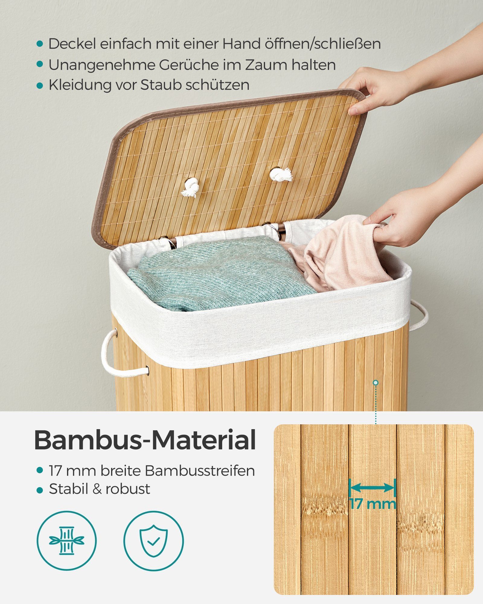SONGMICS Wäschekorb mit Deckel, Wäschesammler aus Bambus, faltbar, für Waschküche, 72 Liter, Wäschesack herausnehmbar und maschinenwaschbar, 40x30x61 cm