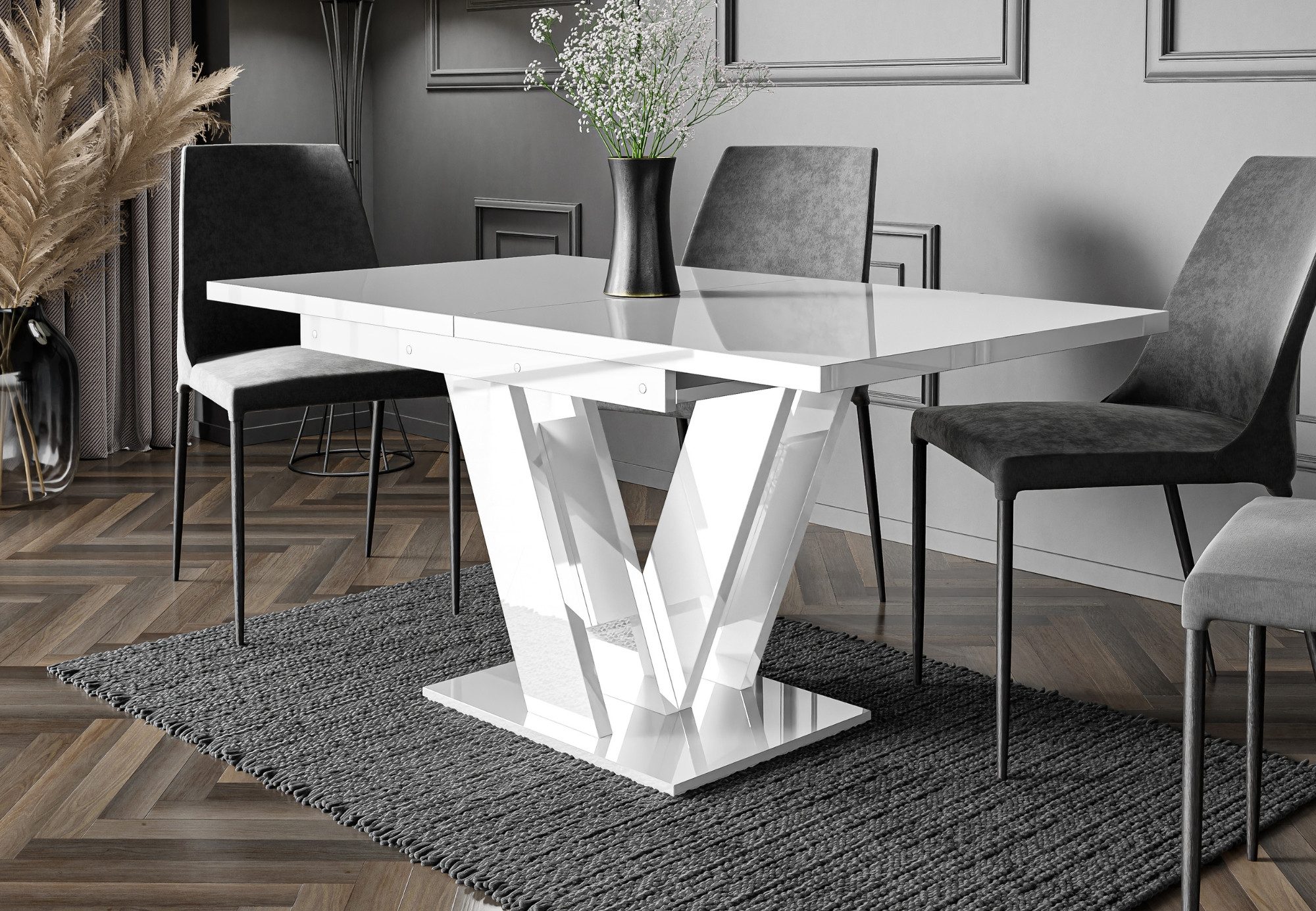 Home Collective Esstisch ausziehbar Tisch Küchentisch Esszimmertisch Ausziehtisch (Esszimmer Küche Wohnzimmer Esstisch erweiterbar), modernes Design mit V-Gestell, 120-160x80 cm Weiß glänzend