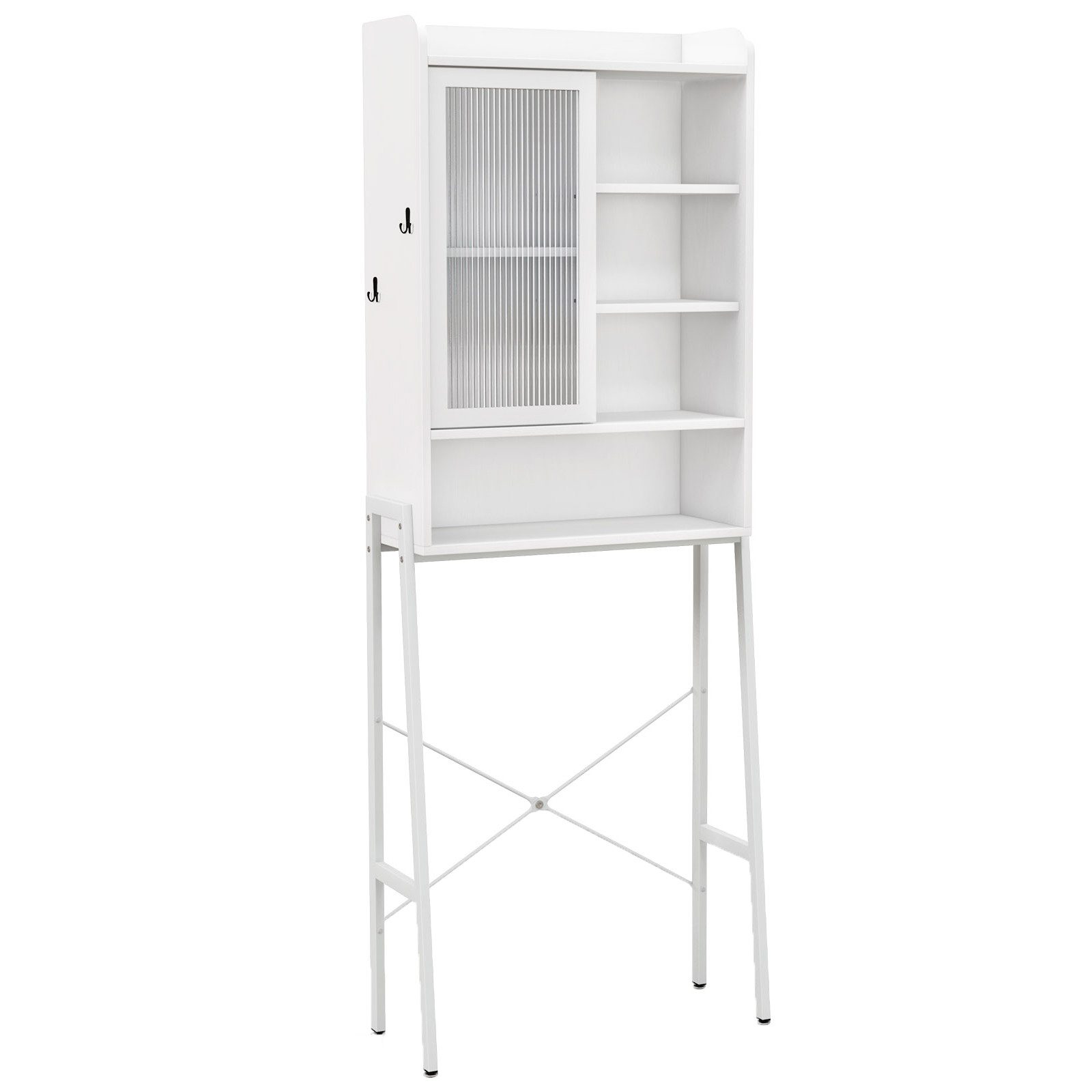 COSTWAY Badregal, mit 3 verstellbaren Regalen & 2 Haken & Tür, 63x29x170cm