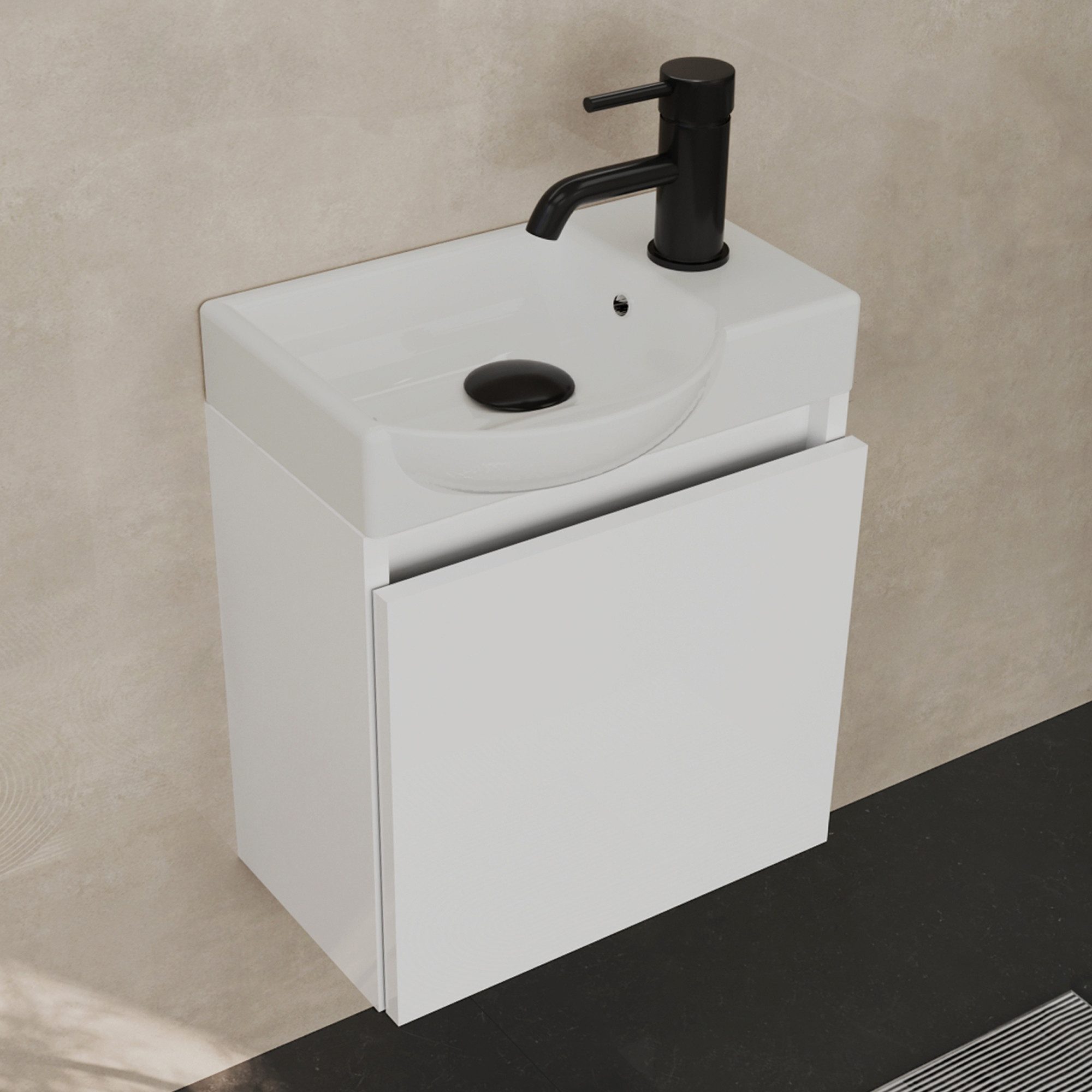 Alpenberger Waschtisch-Set Waschtisch mit Unterschrank hängend 45 cm Gäste WC, (Soft-Close Tür, MDF Weiß, Keramik Becken Links mit Überlauf), Waschbecken mit Unterschrank klein & wandhängend