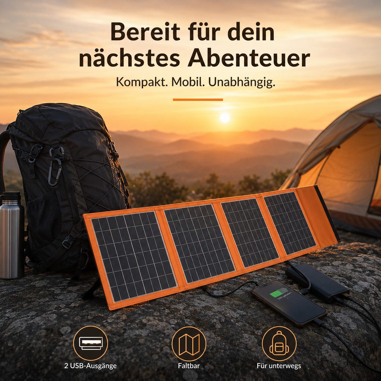 Goldstern-Tech Solarmodul SolarMate, Monokristallin, (Faltbares, kompaktes Solarpanel 30W 40W, 4-St., hocheffizient mit 2 USB-Anschlüssen (bei der Leistungsvariante 40 W), ultraleicht & robust für Outdoor, Camping & Notfall-Stromversorgung