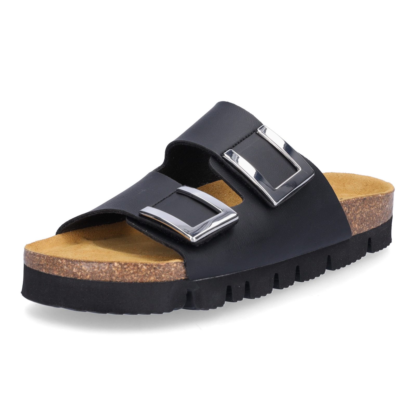 MIDS MIKA Damen Pantolette schwarz, Zweiriemer mit verstellbarem Klettverschluss & Lederfußbett
