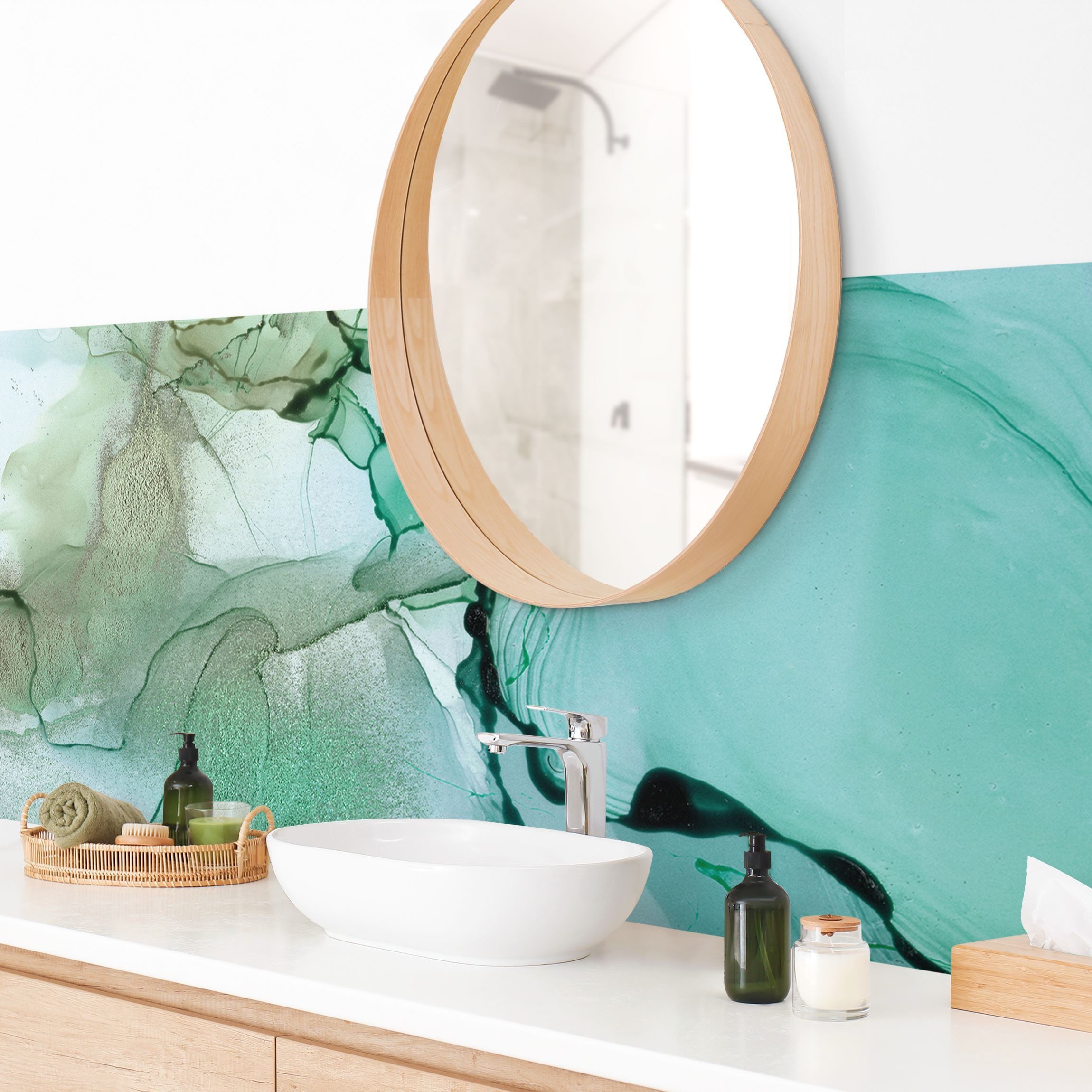 Bilderdepot24 Badrückwand türkis fugenlose Wandverkleidung Bad Abstrakt, (Hartfolie matt » Selbstklebend SMART 0,35 mm), wasserfestes Wandpaneel Smaragdfarbener Sturm