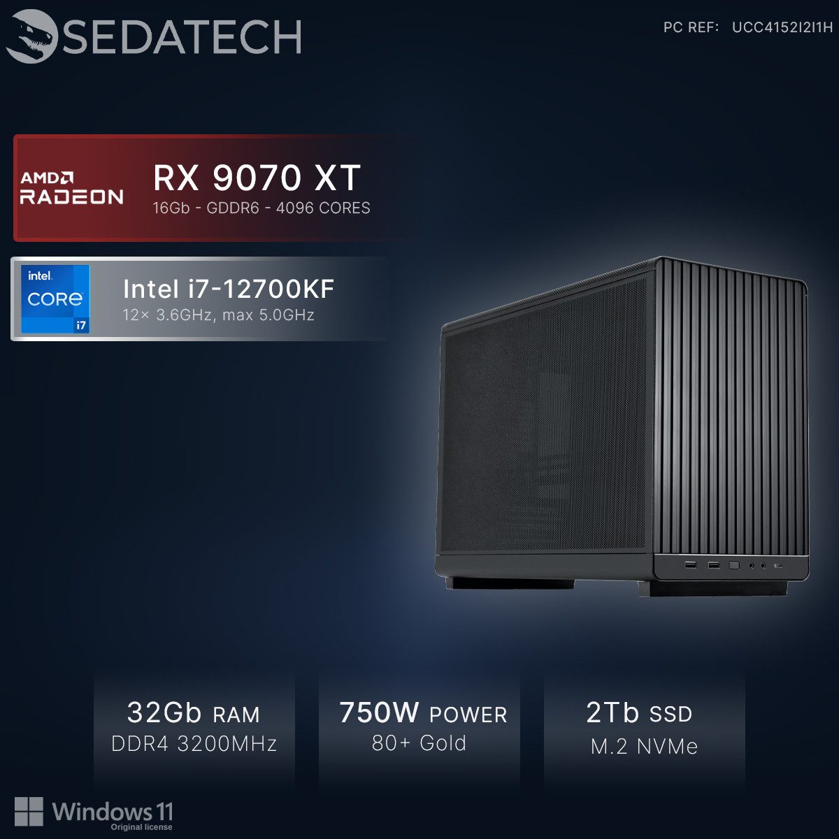 Sedatech UCC4152I2I1HF - Workstation Mini-PC (Intel Core i7 12700KF 12x 3.6GHz (max 5.0GHz), Radeon RX 9070 XT 16GB, 32 GB RAM, 2000 GB SSD, Wlan 6)