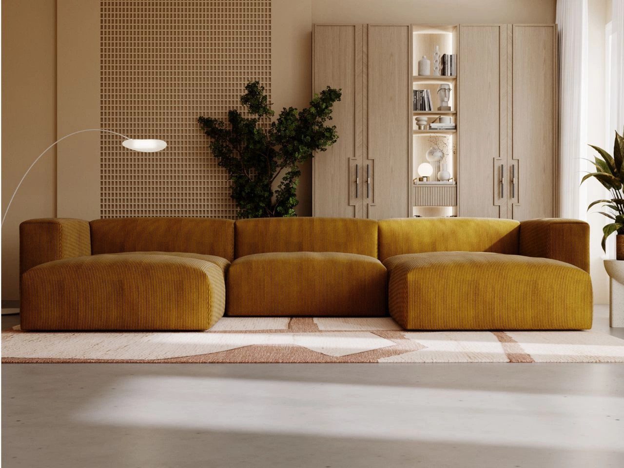 GrainGold Ecksofa U-Form LANDI - 340x180 cm, Honigfarben, Universal, Wellenfedern, T25-Schaum