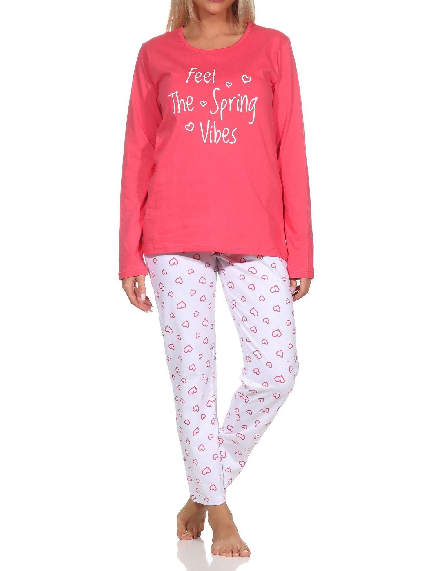 Normann Pyjama Normann Damen Schlafanzug langarm, Pyjama Hose in Herz Optik