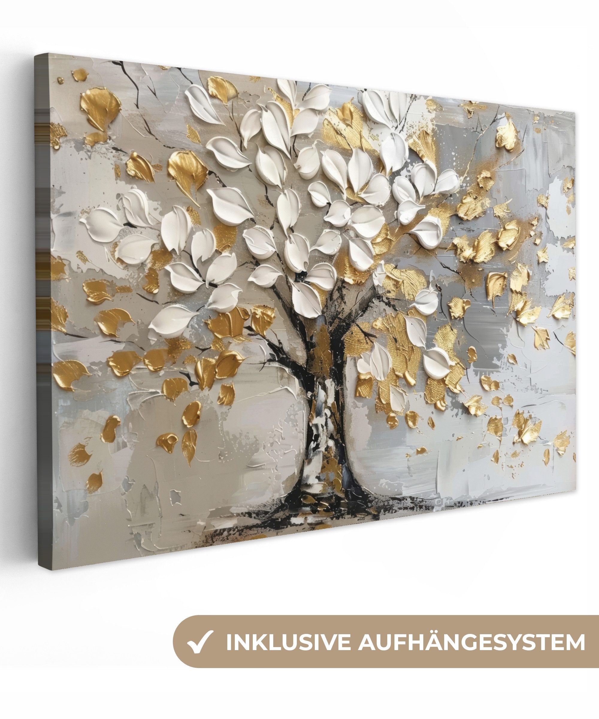 Leinwandbild Baum - Beige - Grau - Gold - Abstrakt