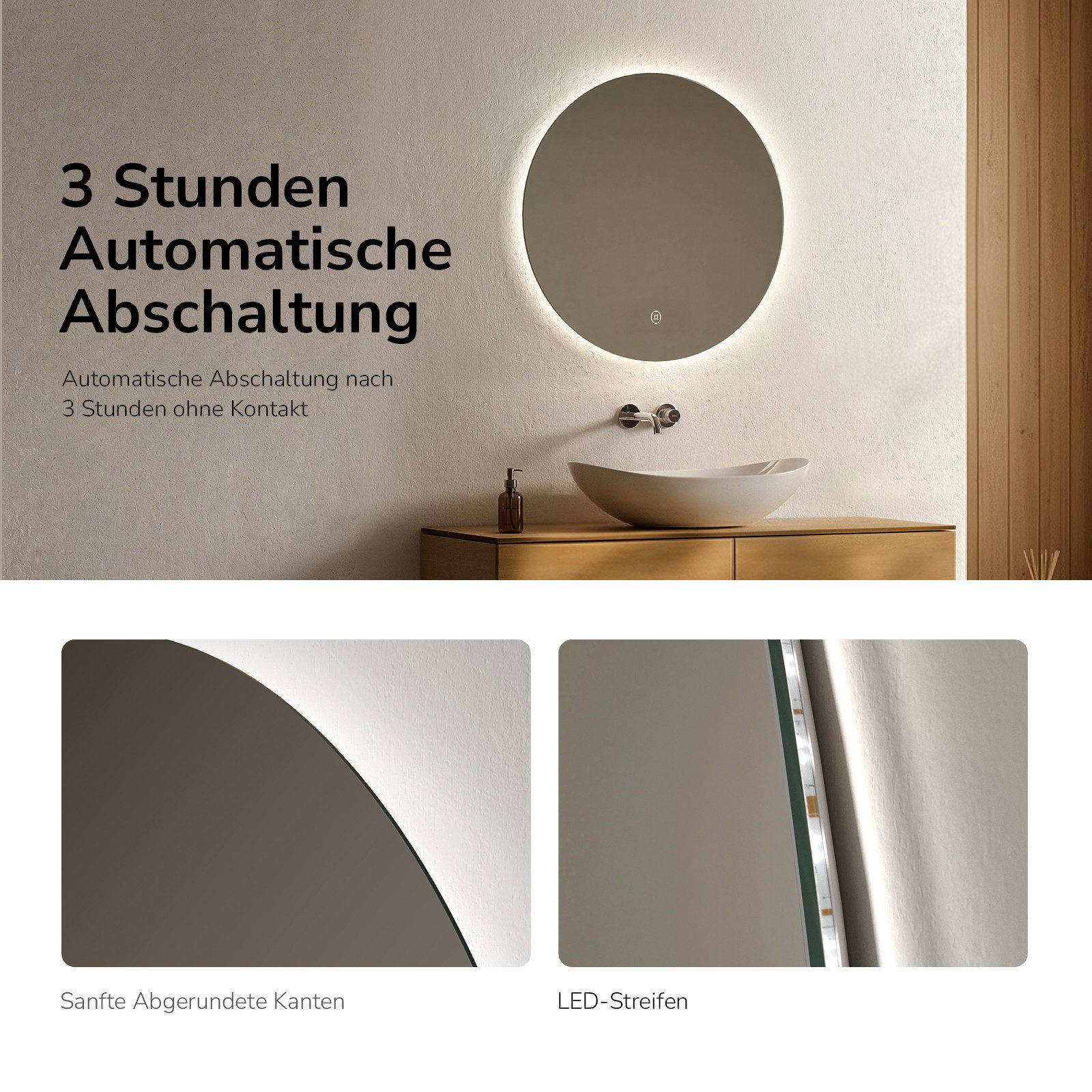 EMKE Badspiegel Runder Wandspiegel mit LED-Beleuchtung ohne Rahmen, Dimmbar Modern (50~80cm, Touchschalter), Kaltweiß Licht, Dimmbar, Memory Funktion, IP44