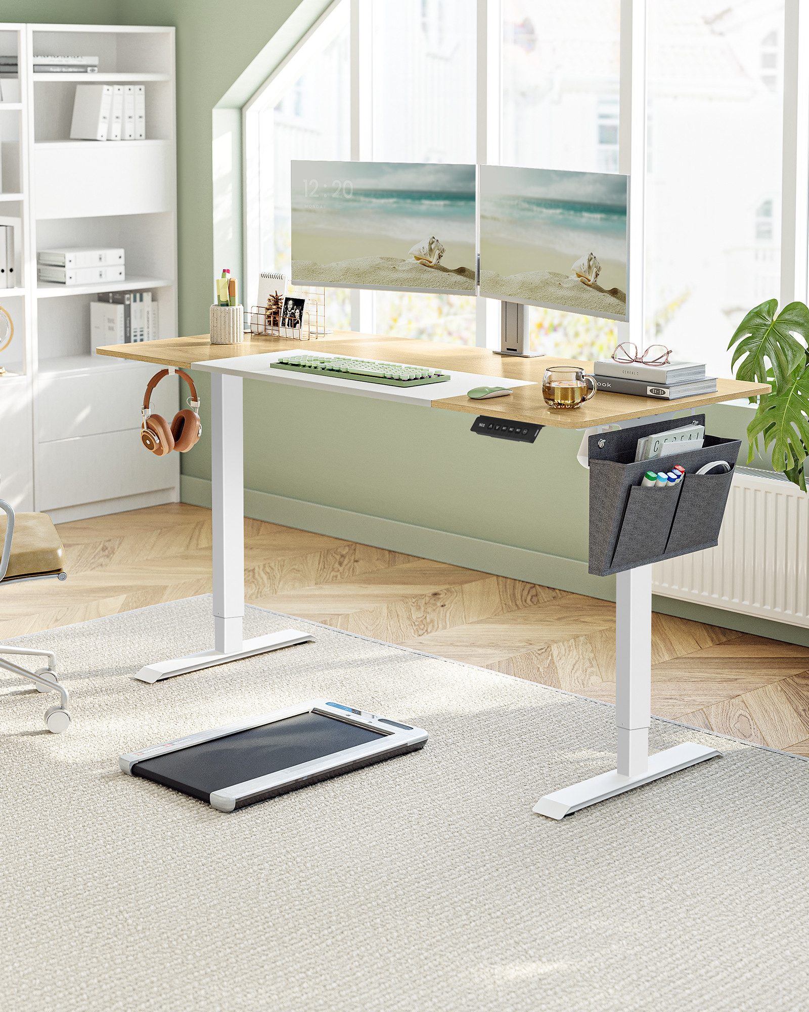 SONGMICS Schreibtisch Höhenverstellbarer elektrisch, USB-C-Anschluss (mit Stoff- Organizer), stufenlos verstellbar, Memory-Funktion mit 4 Höhen, 120/140/160/180 cm