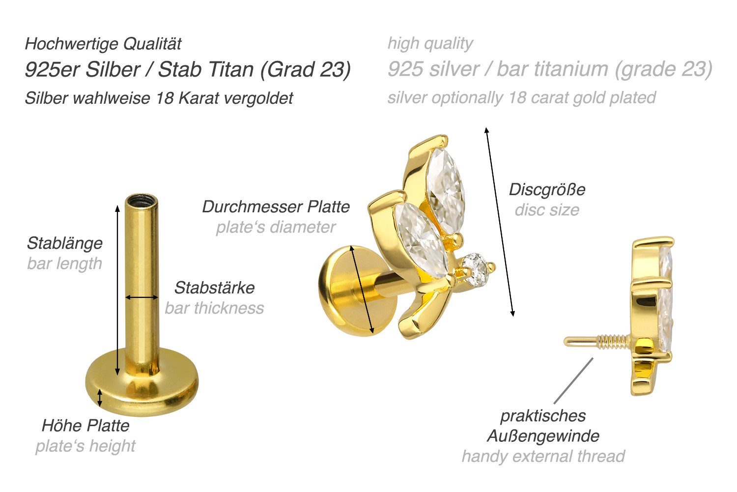 PIERCINGLINE Piercing-Set Titan Labret mit Innengewinde + 925er Silber Aufsatz MOISSANIT-ZWEIG (Labrets, 1-tlg)