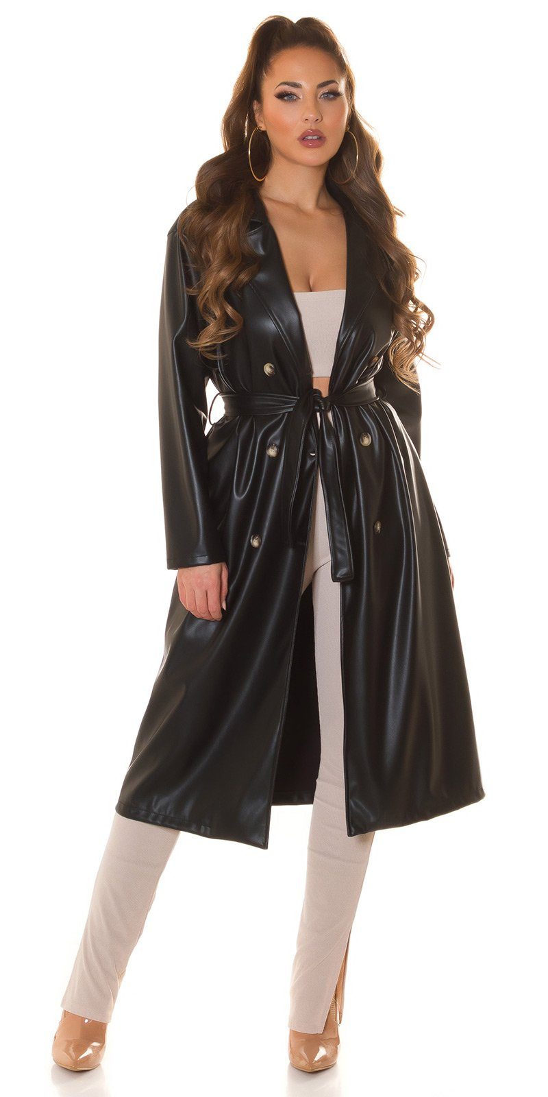 Koucla Ledermantel Kunstleder Mantel mit Gürtel & Knopfleiste,Trenchcoat, Lederjacke lang Vielseitig kombinierbar, Langlebigkeit durch Premium-Material