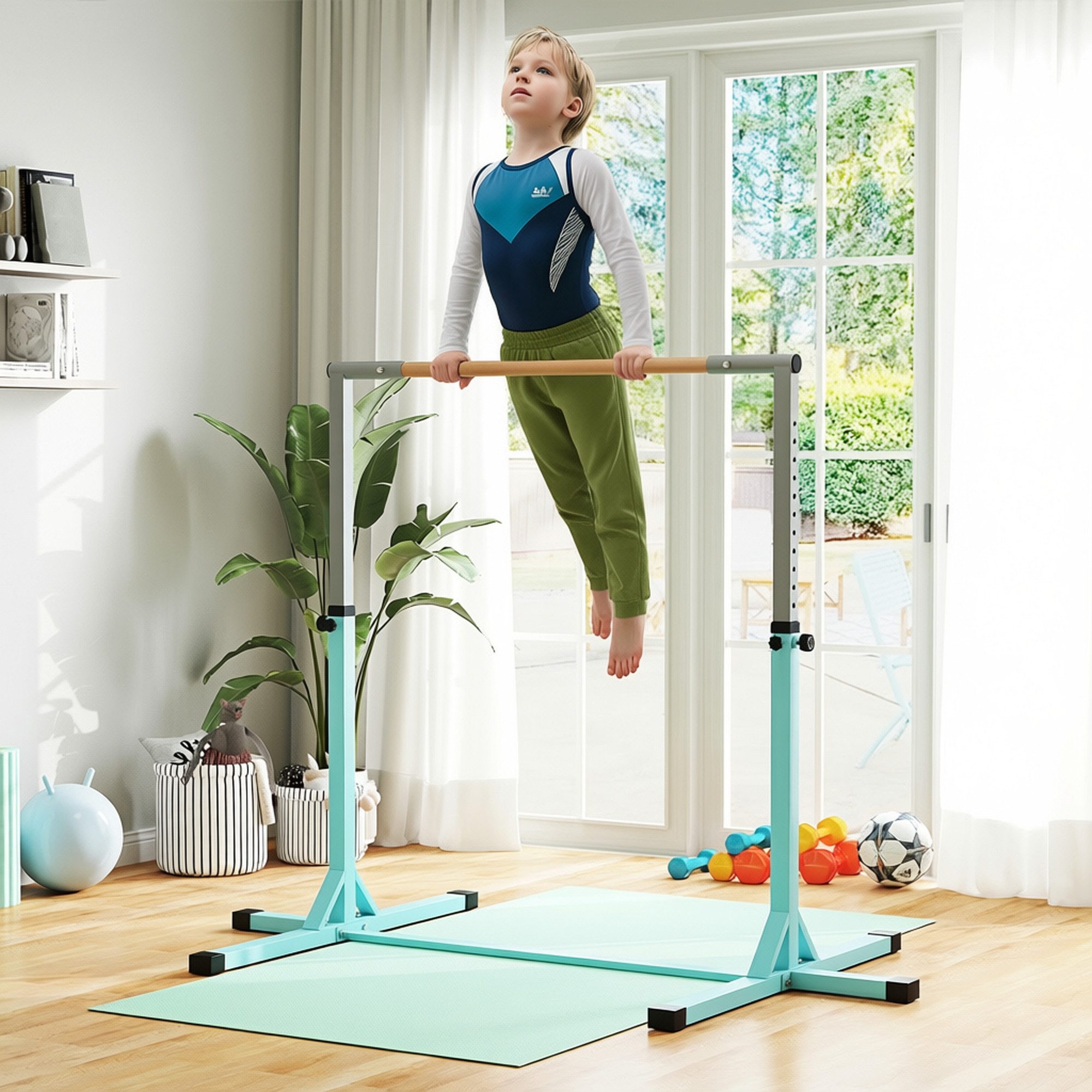 HOMCOM Turnreck höhenverstellbar, (Turnstange, 1-St., Gymnastikstange), für 3+ Kinder, Indoor, Outdoor, Hellblau