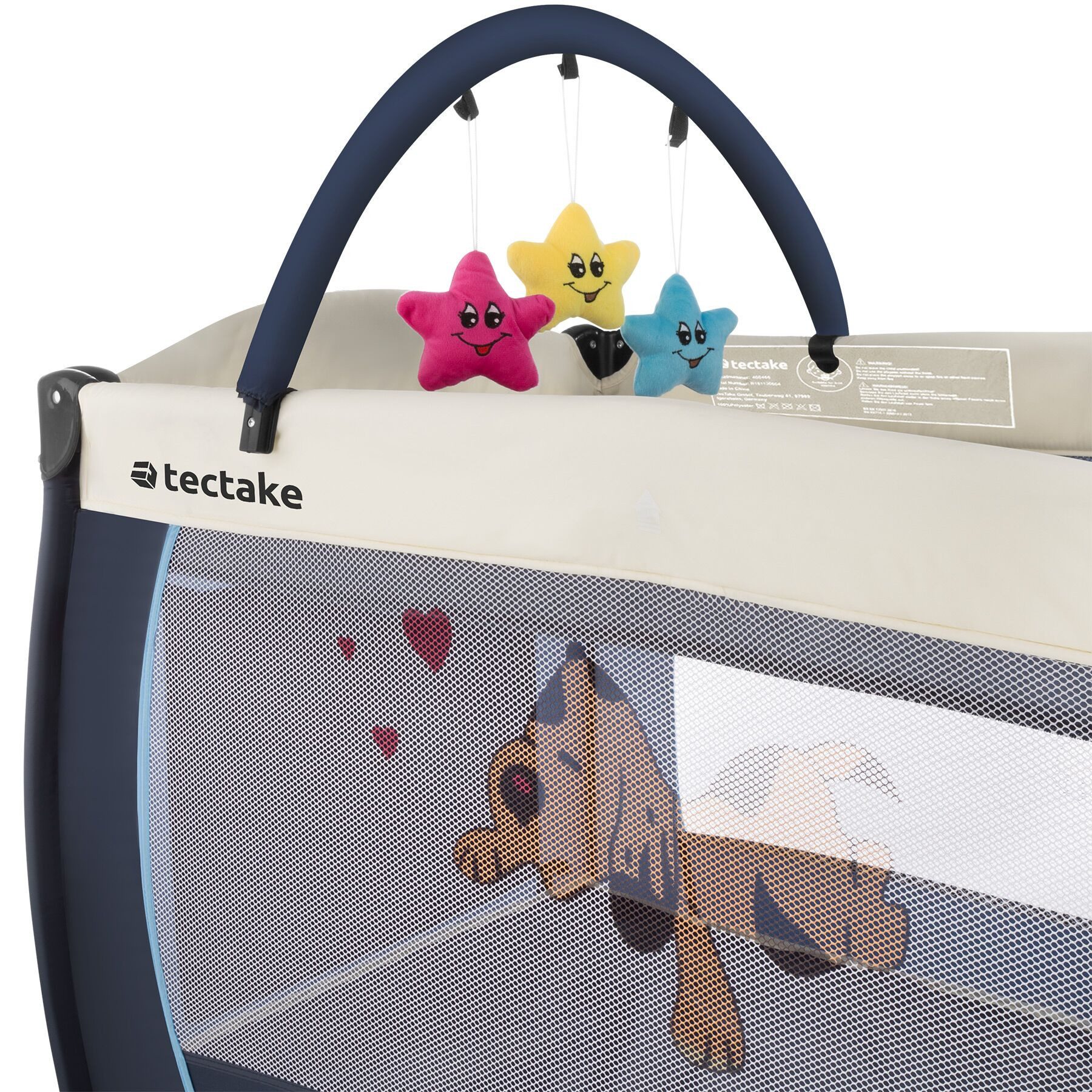 tectake Baby-Reisebett Kinderbett mit Wickelauflage und Transporttasche 132x75x104cm, mit großen Mesh-Einsätzen, Wickelauflage und Seiteneingang in blau
