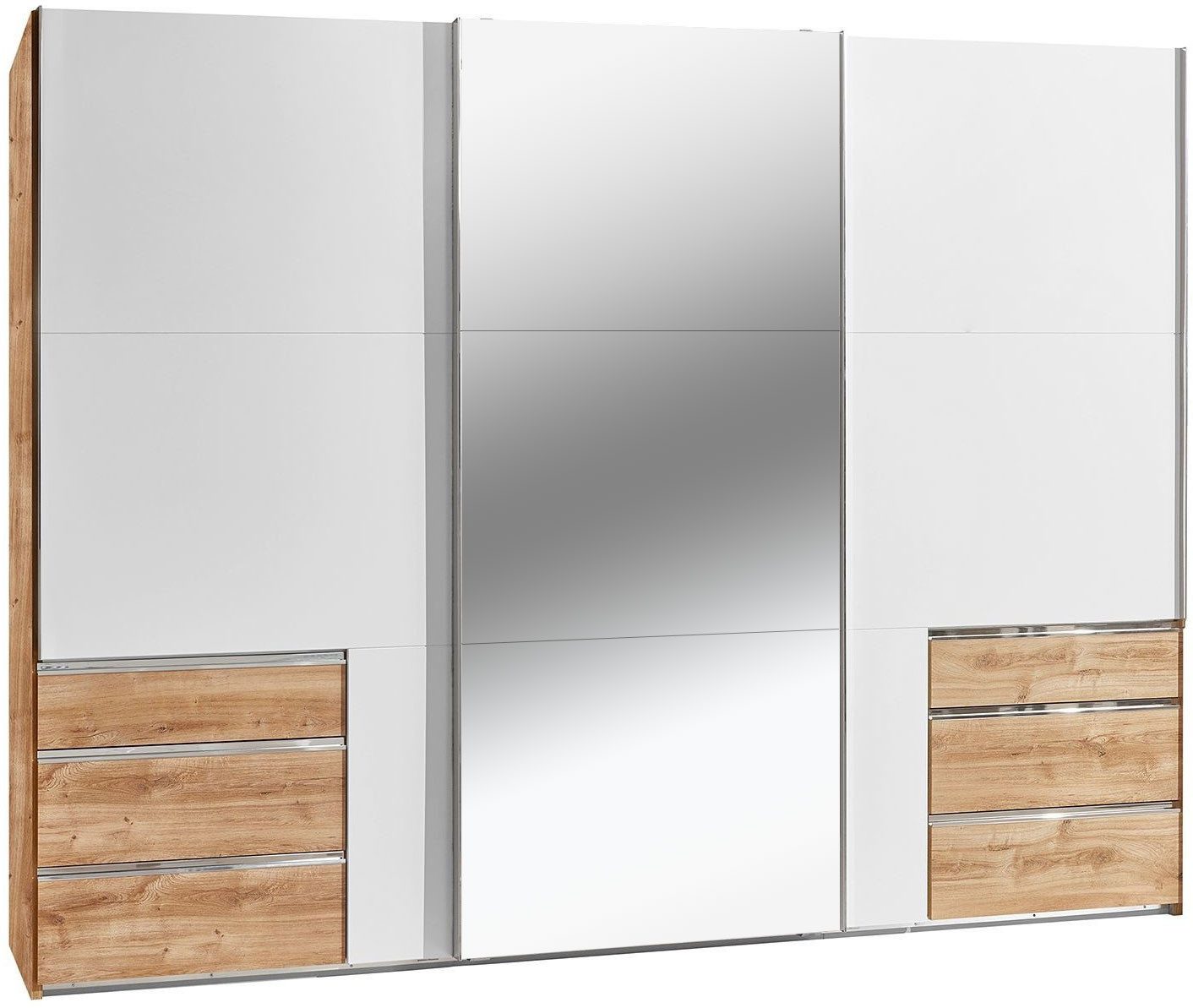 Wimex Schwebetürenschrank Level (mit Schwebetüren, Schubladen, Einlegeböden, Kleiderstangen, 1-St., moderne Optik, mit Spiegel, chromfarbene Griffleisten aus Metall) 300x65x236cm Plankeneiche weiß Spiegel