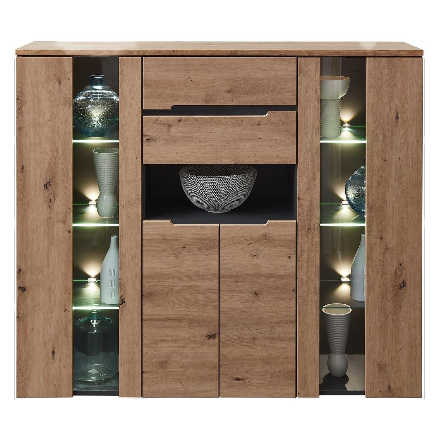 Innostyle Highboard MEMPHIS, Artisan Eiche Dekor, Graphitgrau, 4 Türen, 2 Schubladen, LED-Beleuchtung, B 145 x H 127 x T 38 cm