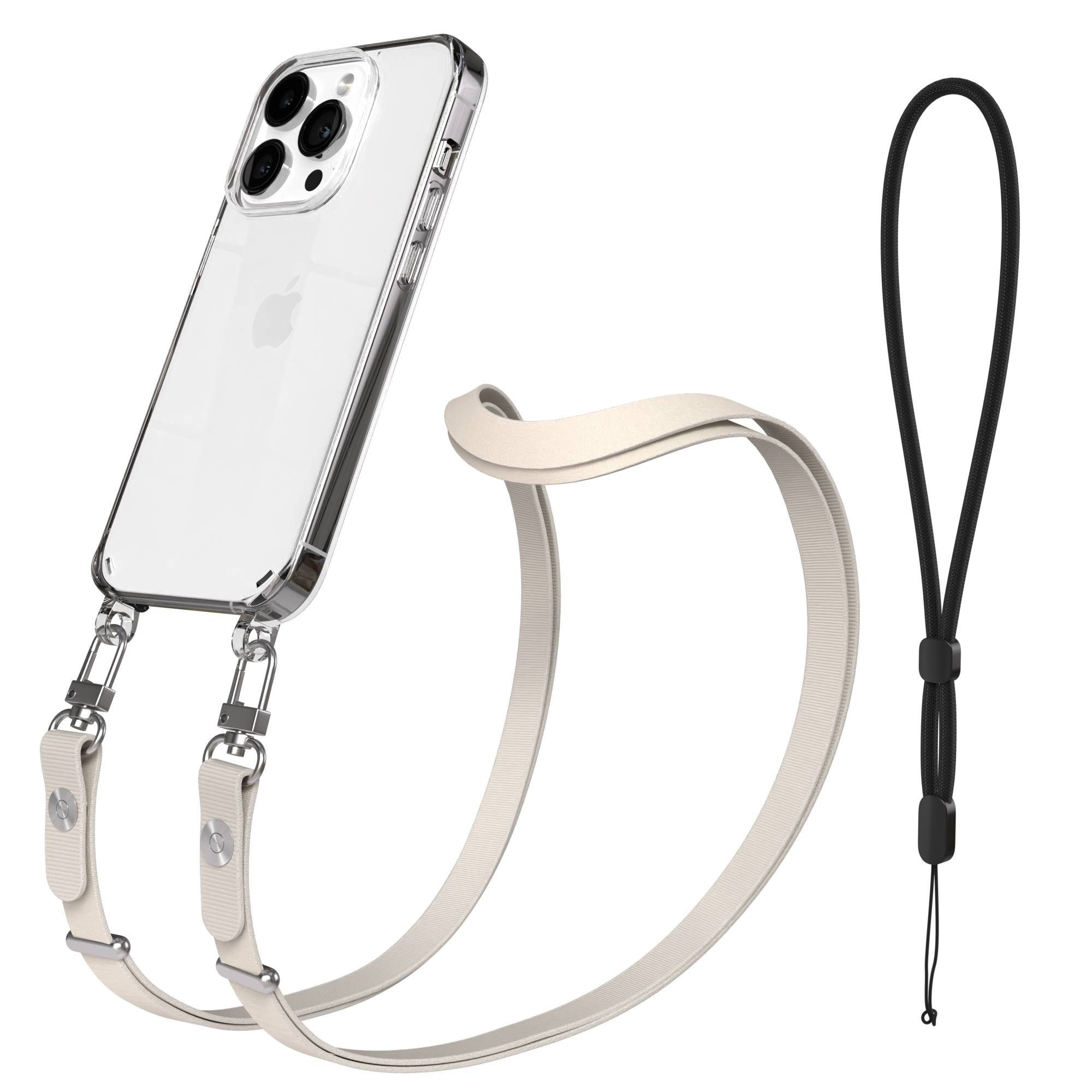 EAZY CASE Handykette für Apple iPhone 14 Pro Handyhülle mit Handyband magnetisch, Minimalistische Handykette in Taupe mit 2x2 Anschluss